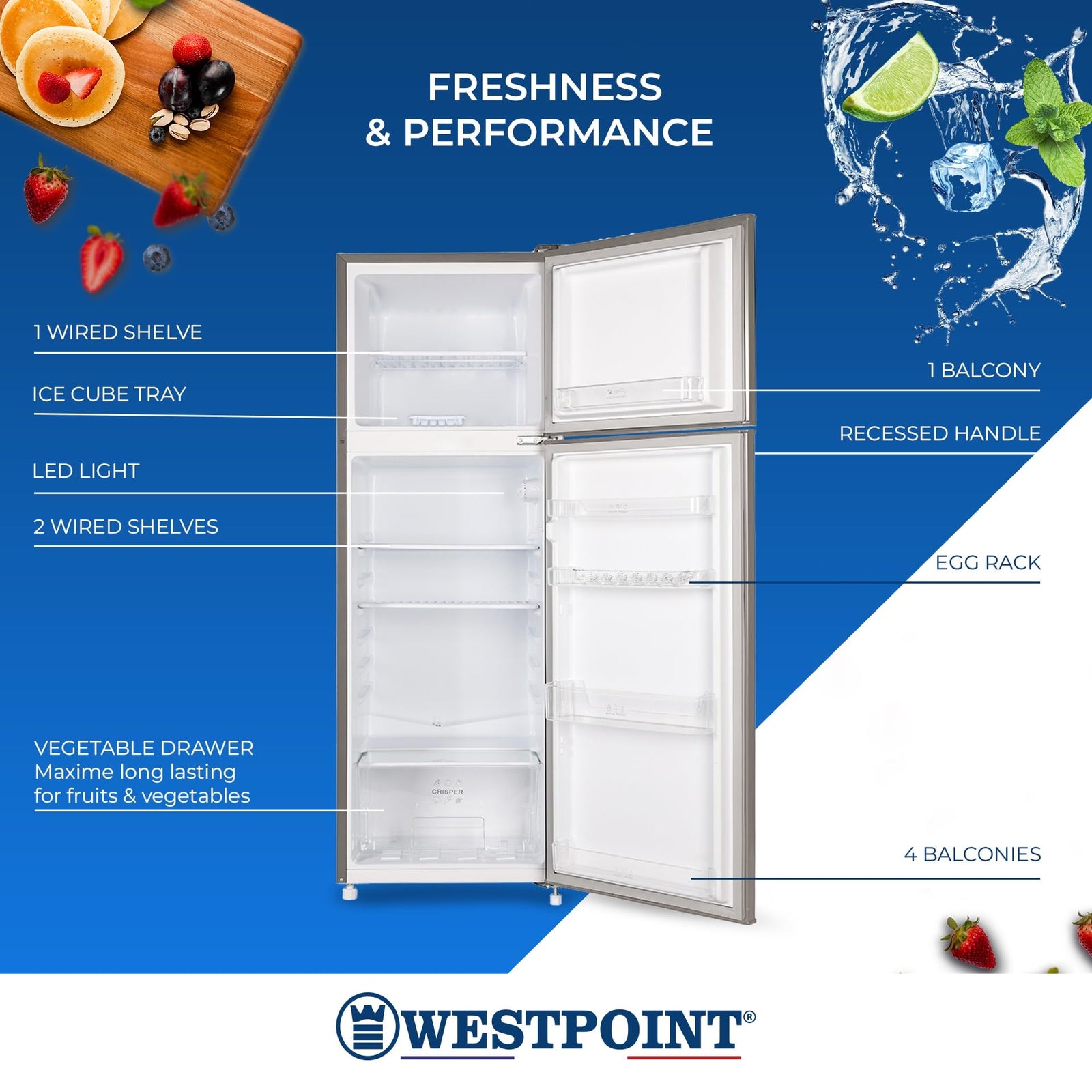 Westpoint 240 Liters Gross Double Door Refrigerator DEFROST Fridge Freezer, 4 Door Balconies, Egg Rack, Ice Cube Tray, Built in Condenser, 52Dx51.9Wx148H Centimeter Silver WRN-2423EI (NEW MODEL-2024)