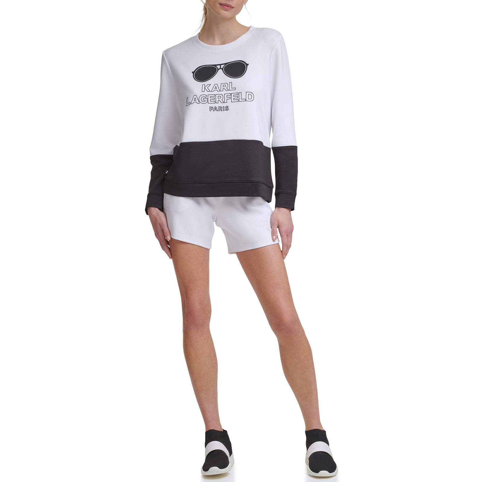 Karl Lagerfeld Paris Women's Sunglass Logo Sweatshirt, White/Black, XL