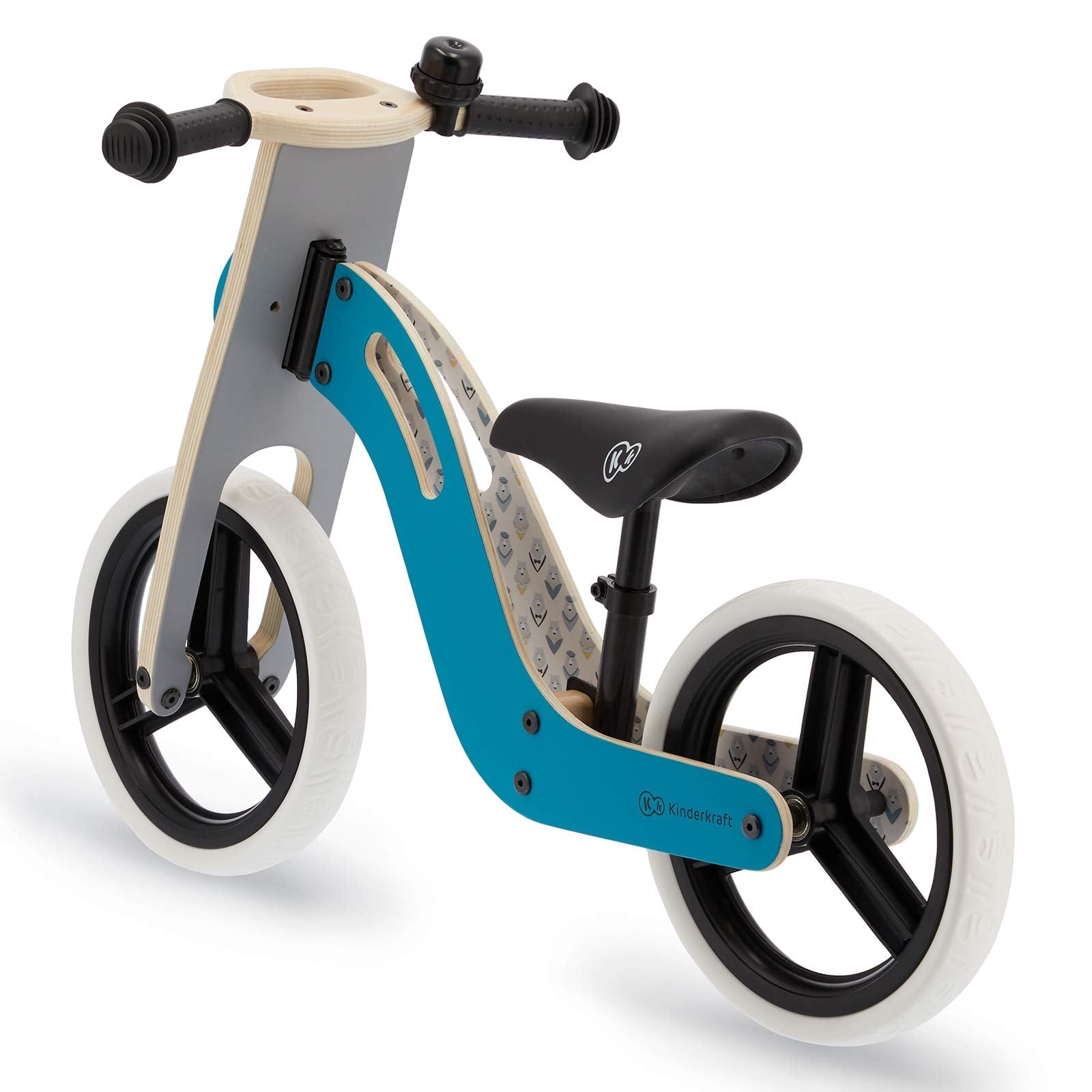 Wooden Balance Bike Uniq, Lightweight Bicycle, Easy Transport, 12 Inches Wheels, With Ajustable Saddle, Accessories, Bell, 2 Handles, For Toddlers, From 2 To 5 Years, To 35 Kg, Turquoise 83 x 54 x 40cm