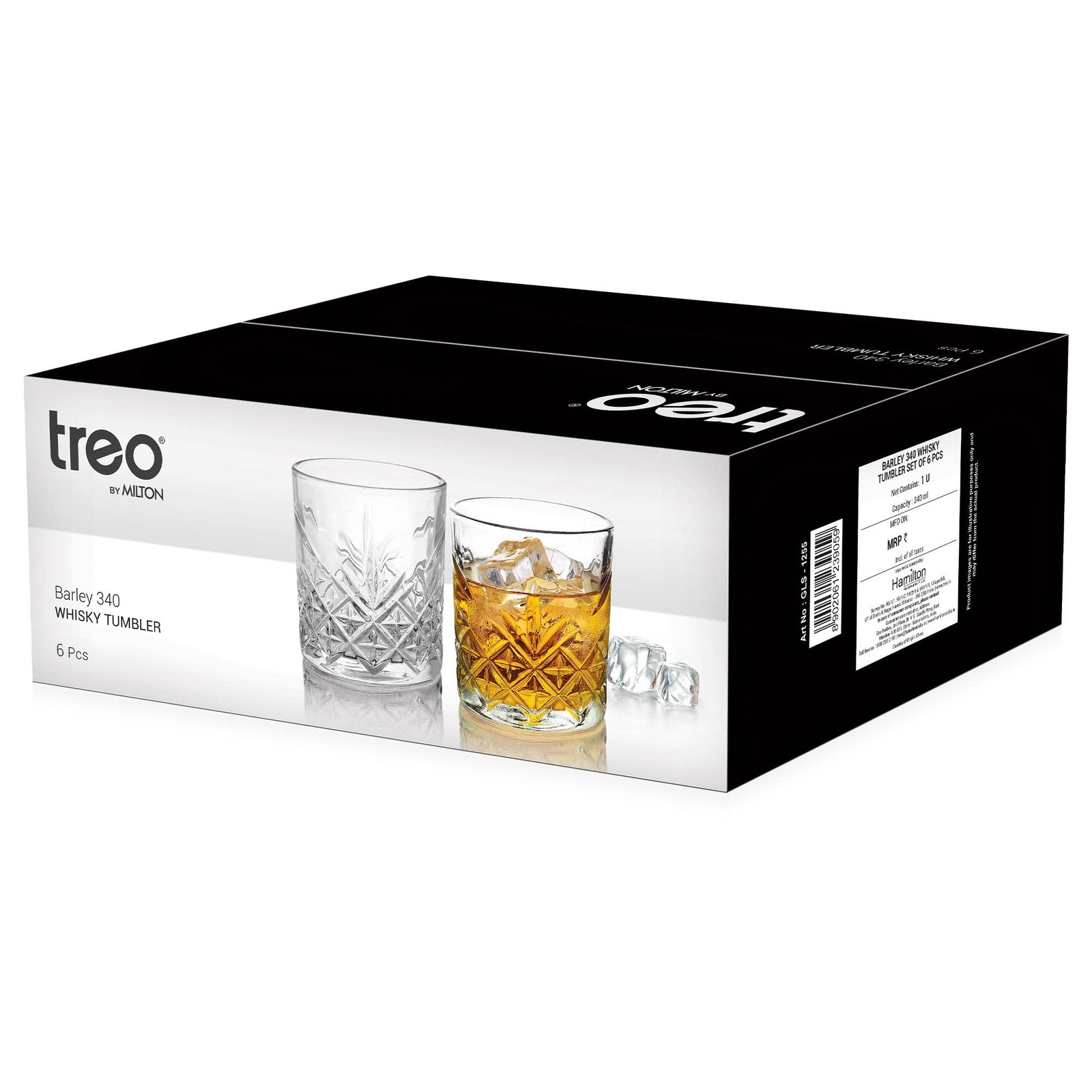 Treo by Milton Barley 340 Whiskey Glass Tumbler, Set of 6, 340 ml Each, Transparent