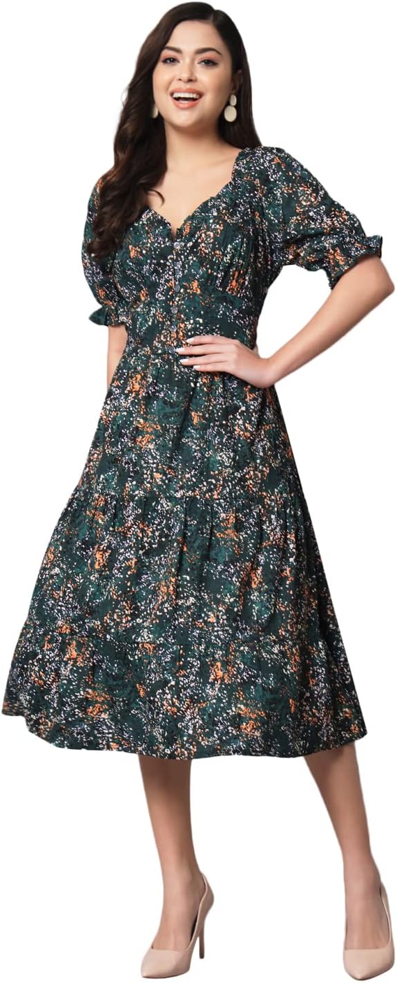 Styleville,A-Line Green Jungle Print Dress