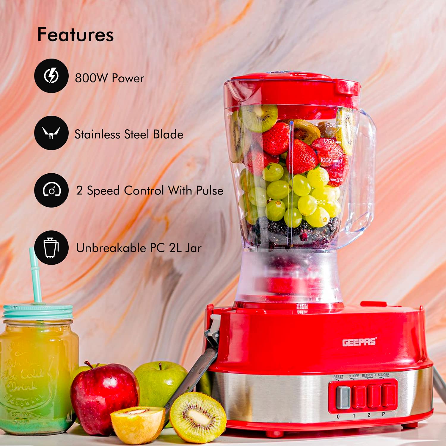 Geepas 4-in-1 multi-function food processor | electric blender juicer, 2-speed with pulse function & safety interlock 800w |juicer, blender, mixture coffee mill included- assorted