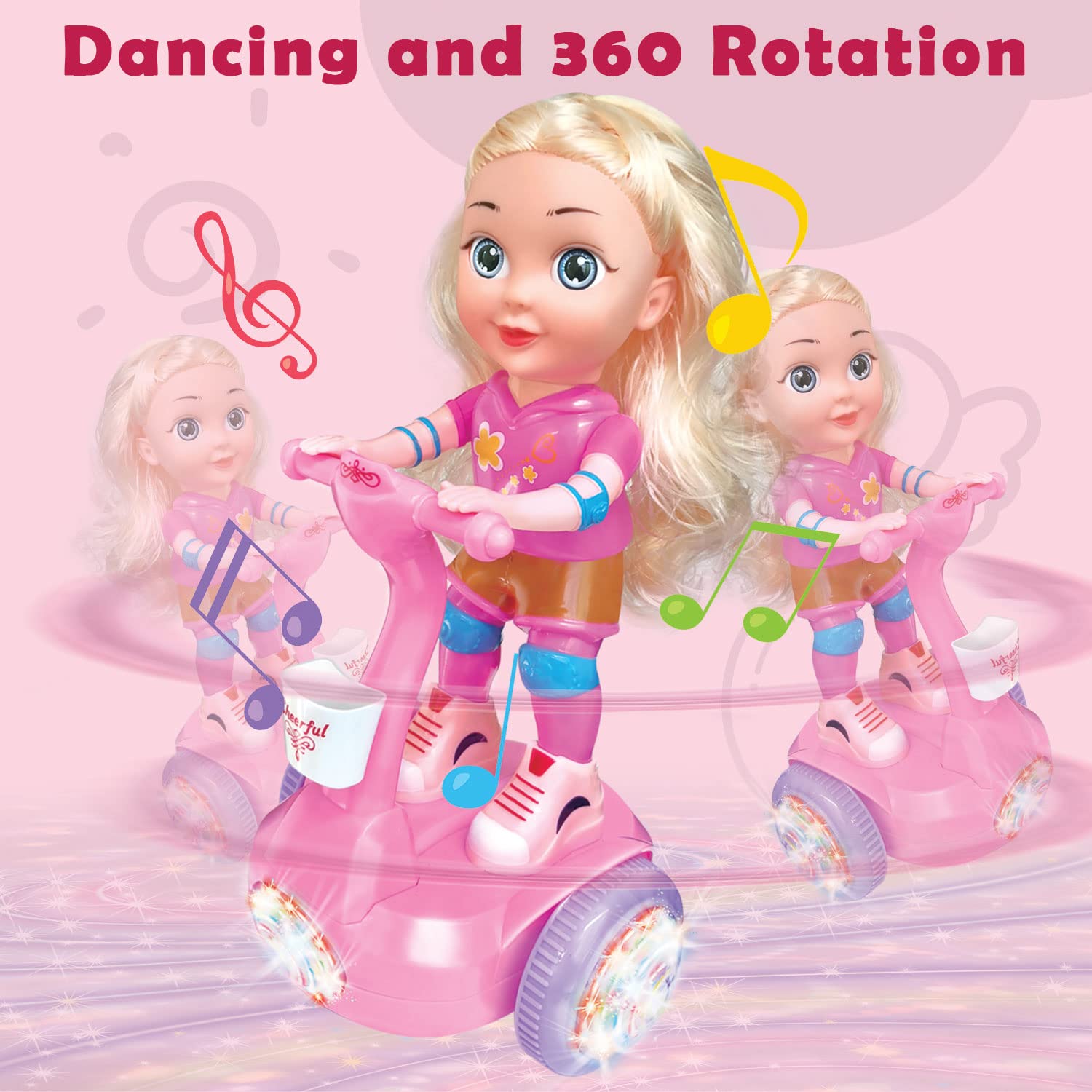 Kidwala magical cute pink doll & yellow hair riding hover balance board, lights & Music with colorful wheels light 360-degree spin doll with battery, an oblique dancing doll with music