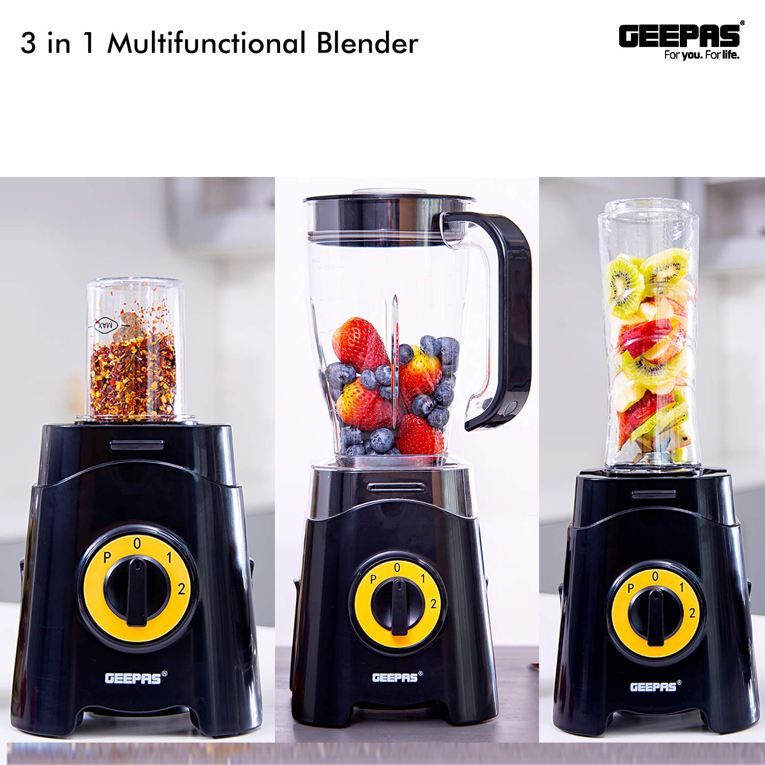 GEEPAS 3-in-1 Super Blender GSB44033 | 2 Speed and Pulse Function | | 1.5L & 500ml BPA Jar