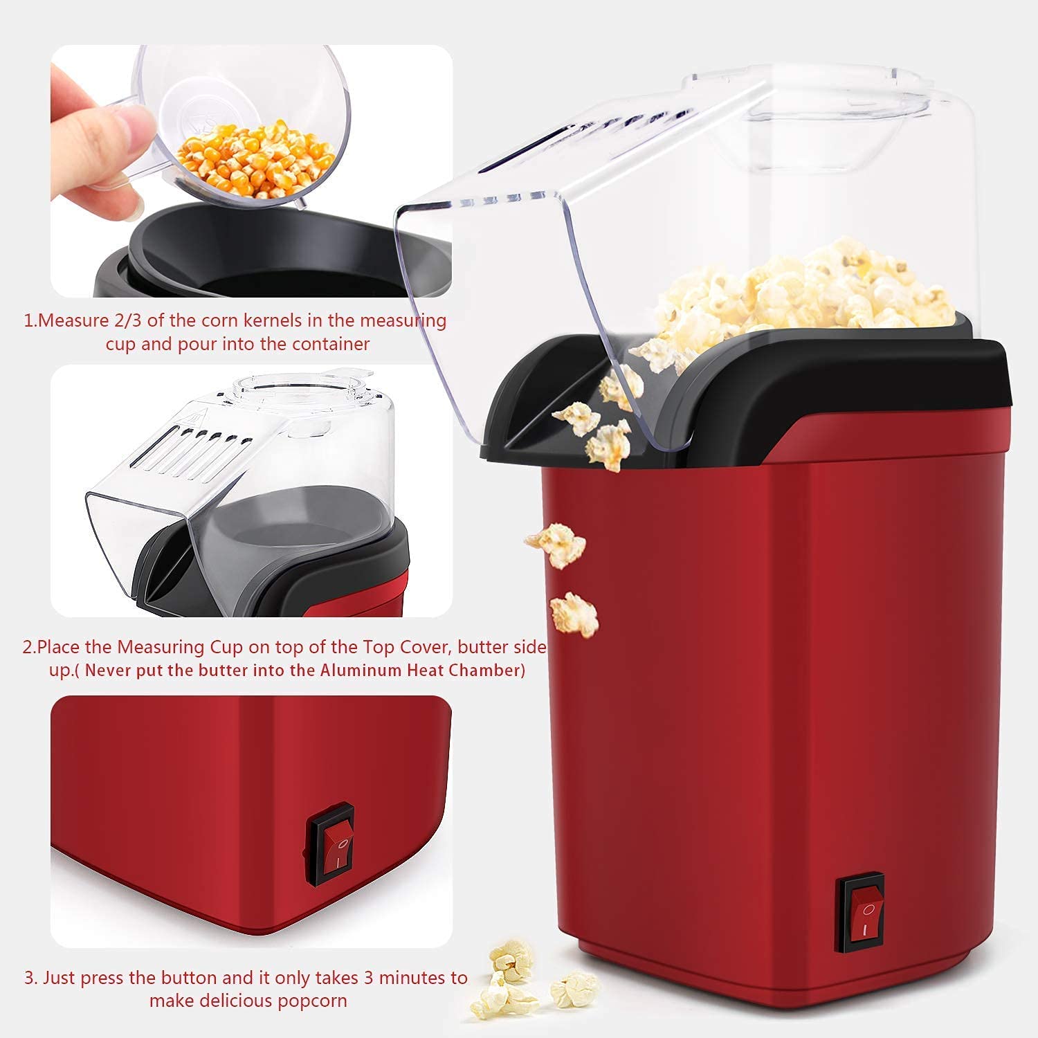 eWINNER Hot Air Popper Electric Popcorn Maker Machine No oil needed, Healthy & Delicious Snack for Kids Adults Home Party Snack Great for Holding Parties in Home & Watching Movies with Family