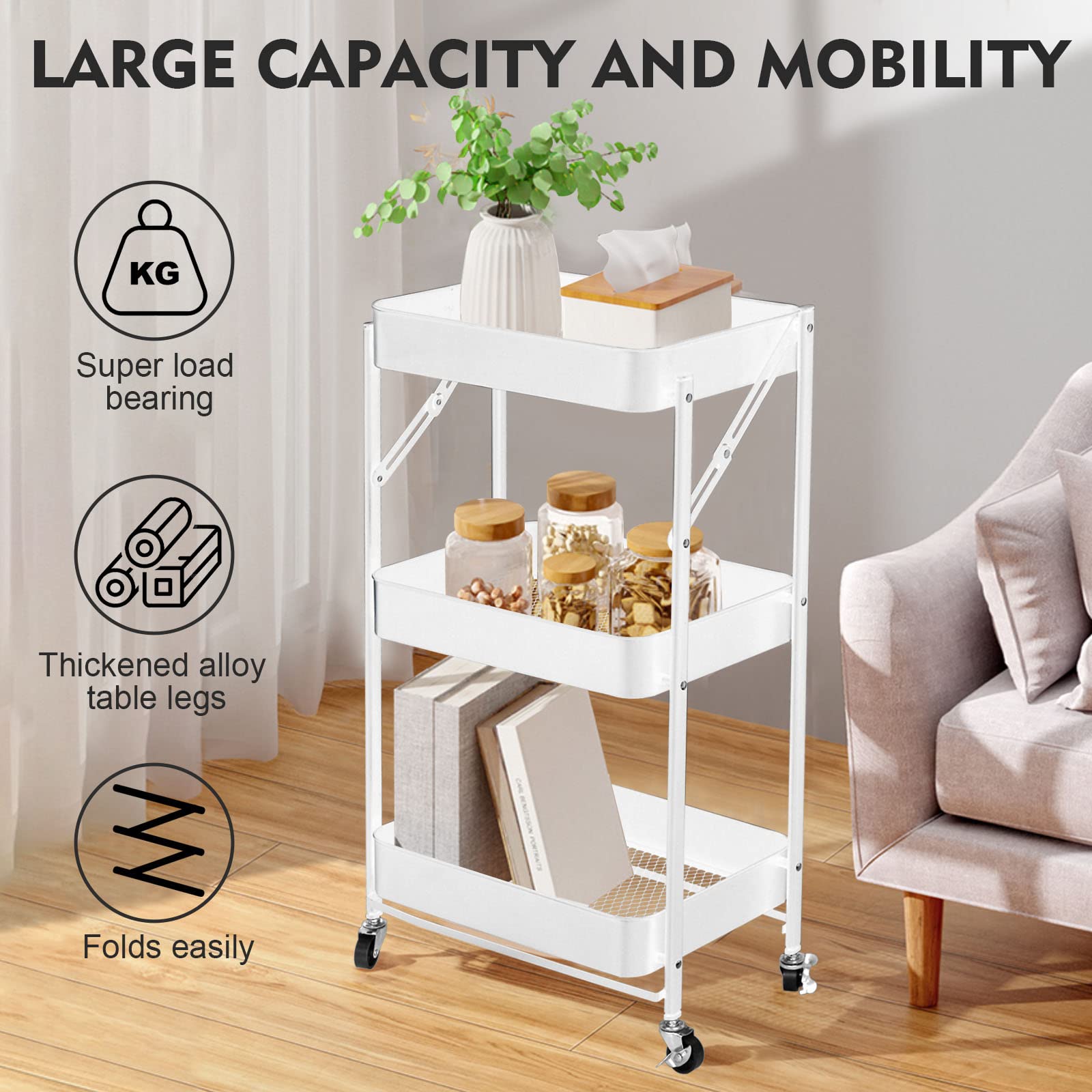 SKY-TOUCH 3 Tier trolley organizer,Foldable Metal Rolling Utility Cart Organizer, Multipurpose Organizer Trolley with Casters for Kitchen, Bedroom, Bathroom, Office, Laundry Room and Garage White