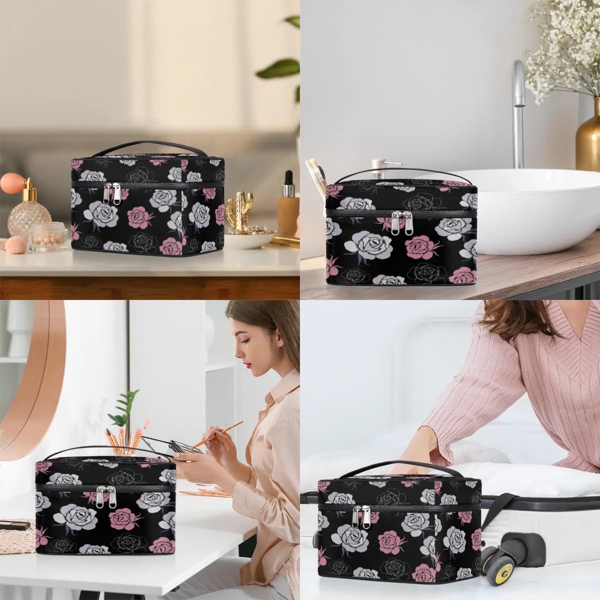 lakefvgk Travel Makeup Bag, Rose Cosmetic Bag for Women Girls, Portable Large Toiletry Bag Case Organizer for Toiletries Accessories Brushes