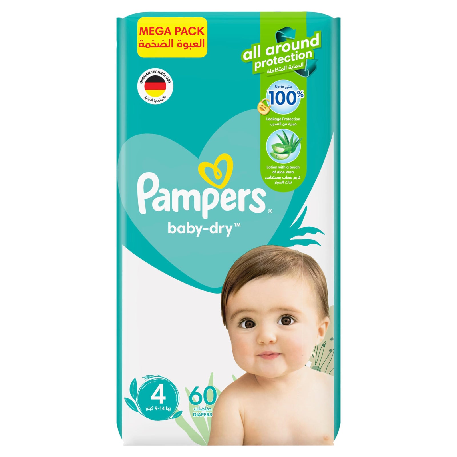 Pampers Baby-Dry Taped Diapers with Aloe Vera Lotion, up to 100% Leakage Protection, Size 4, 9-14kg, 60 Count