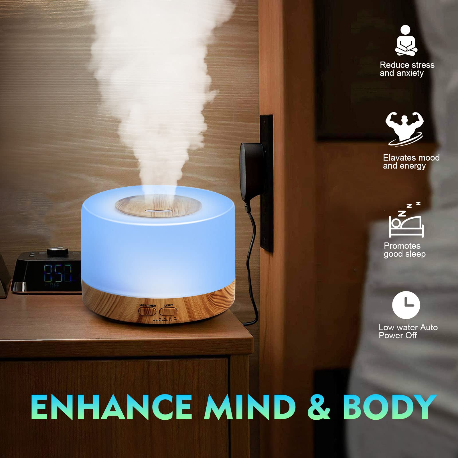 SKY-TOUCH Essential Oil Aroma Diffuser 700ml, Upgraded Aromatherapy Diffuser with 4 Timer and 7 Color Lights, Cool Mist Humidifier with Auto Shut-off Function, Diffuser for Home Bedroom Office