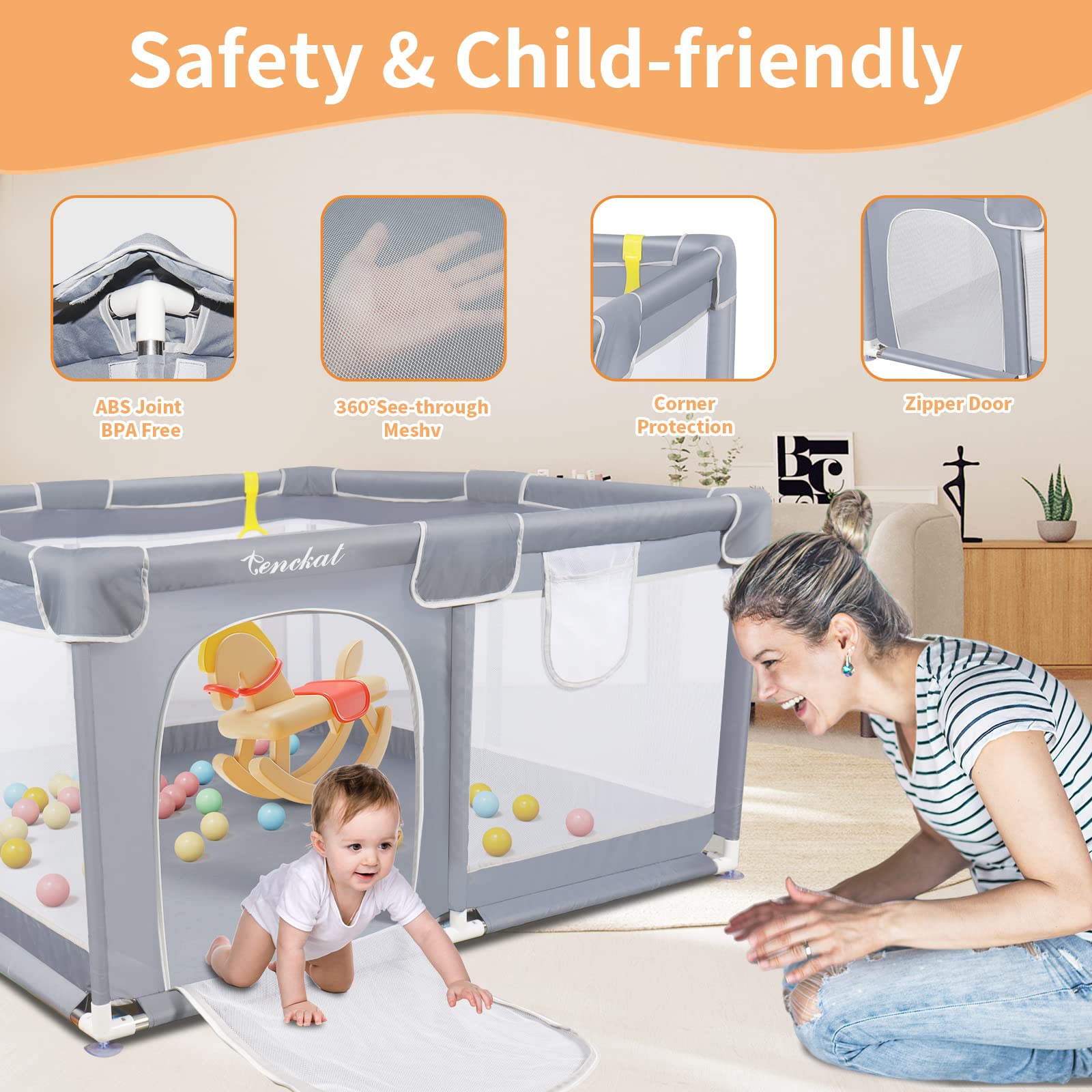 Tenckat Baby Playpen for and Toddlers,125x125cm Portable Babypen with Anti-slip Base, Sturdy Safety Playards Soft Breathable Mesh, 2 Pulling Rings Bag, grey, 1 Count, 3.38 kg