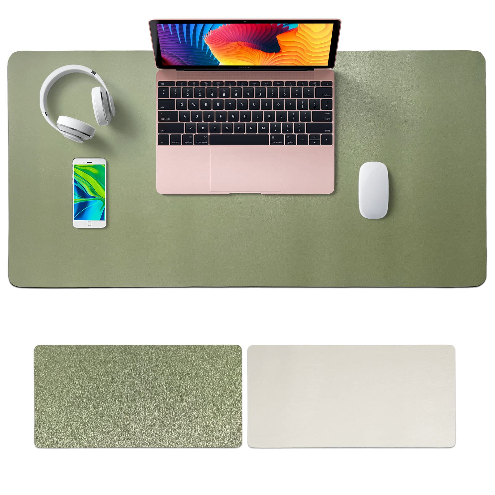 SKY-TOUCH Mouse Pad Large Leather Computer Desk Pad Office Desk Mat Extended Gaming Mouse Pad, Non-Slip Waterproof Dual-Side Use Desk Mat Protector 80cm x 40cm (Green/Silver)