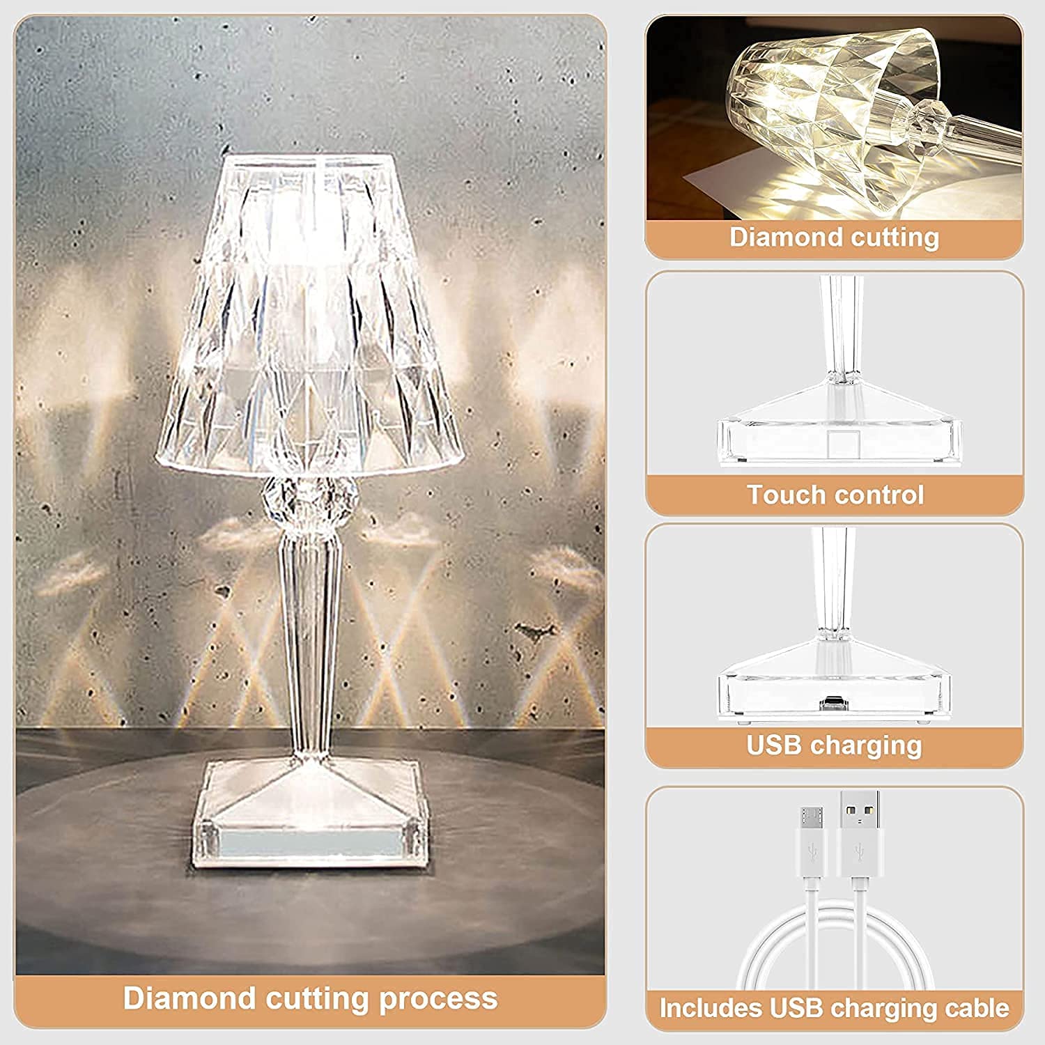 Touch Crystal Diamond Table Lamp, Romantic LED Night Light Modern Gift Relax Bedside Lamp with USB Charging Port Decoration Desk Nightstand Lamps for LivingRoom/Bedroom/Study Room/Office/Bar
