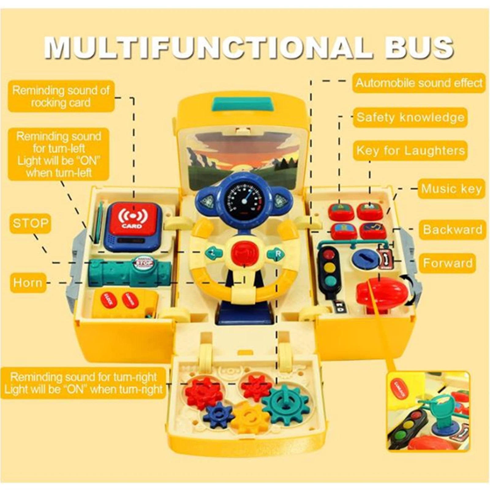 School Bus Toy with Sound and Light Simulation Steering Wheel Gear Toy Musical School Bus Toy for Toddler, Educational Bus Driving Toy Multifunction Preschool Gift Children Boy Girl Toy (Yellow)