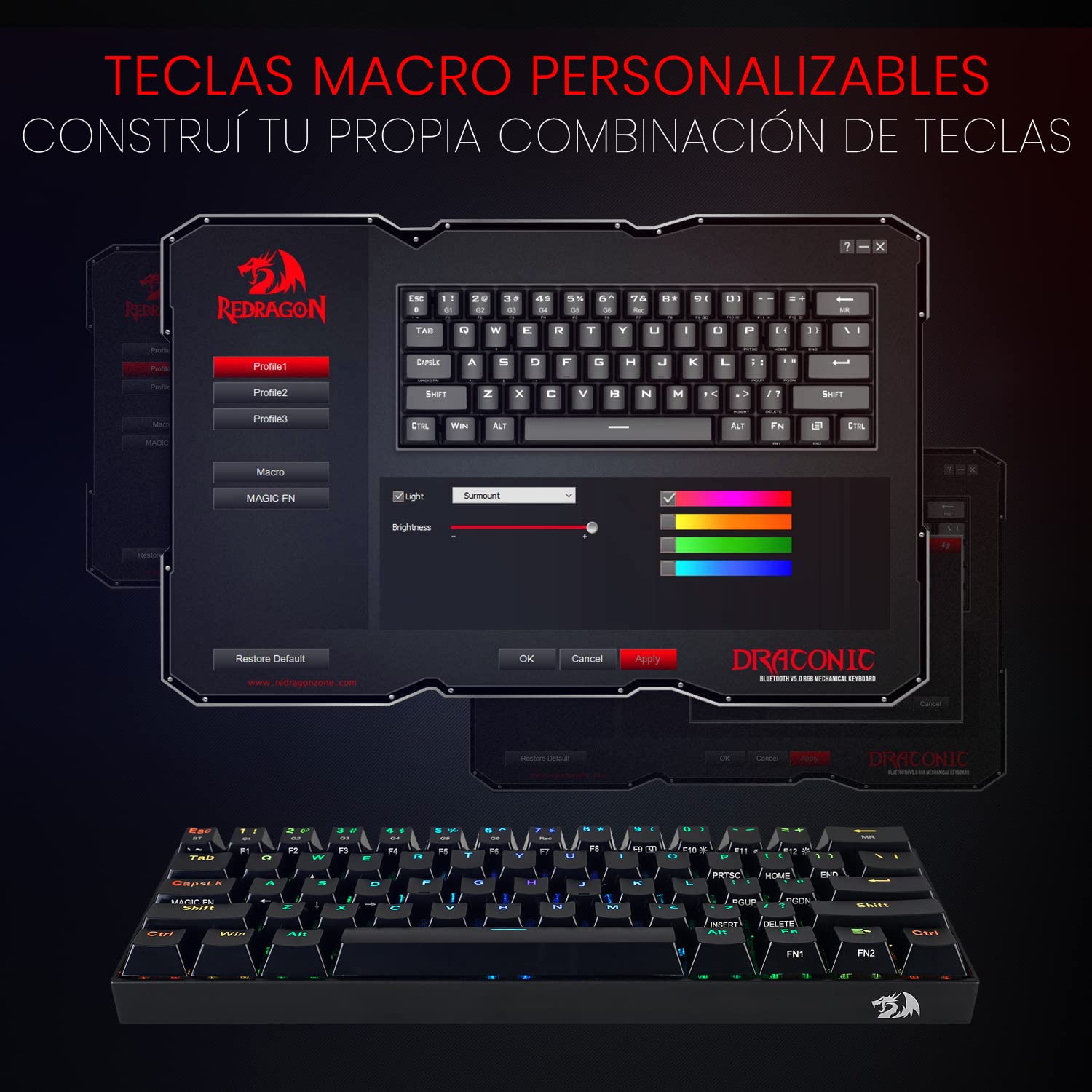 Redragon K530 Draconic 60% Compact Rgb Wireless Mechanical Keyboard, 61 Keys Tkl Designed 5.0 Bluetooth Gaming Keyboard With Brown Switches And 16.8 Million Rgb Lighting For Pc, Laptop, Cell Phone