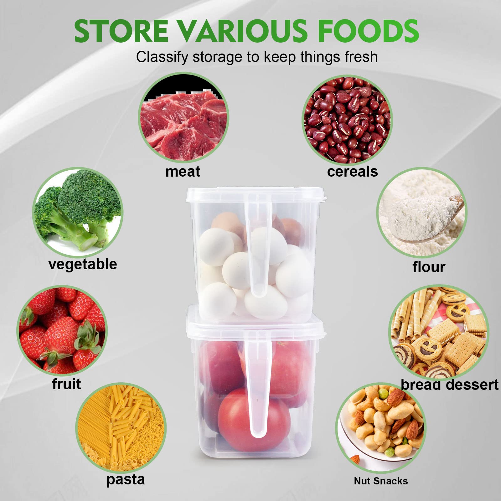 SKY-TOUCH 6pcs Refrigerator Organizer, Stackable Plastic Kitchen Food Storage Containers with Lids and Handle for Fruits Vegetables, Freezer Safe Boxes, Transparent