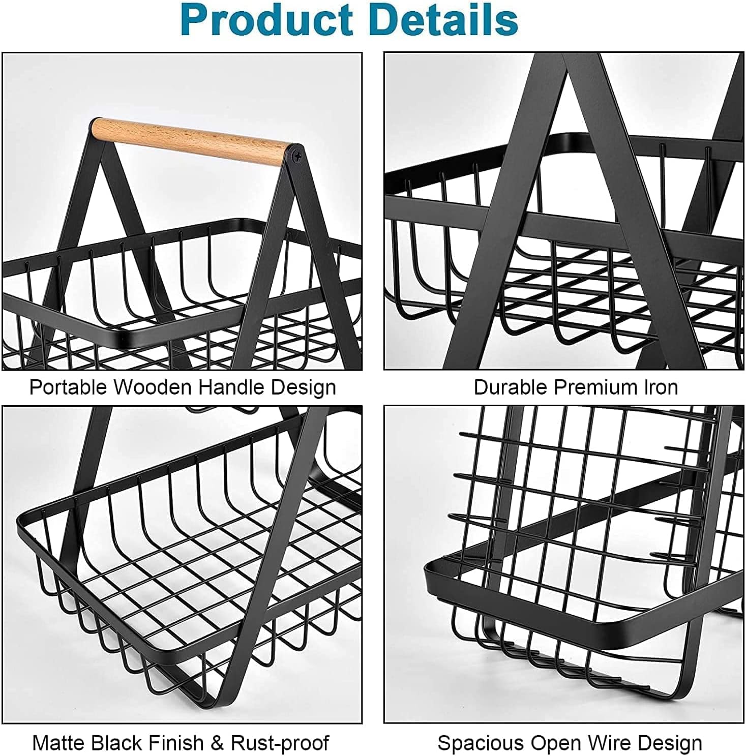 ECVV 3-Layer Countertop Fruit Basket Storage, Vegetable Rack Bread Display Stand for Kitchen, Black