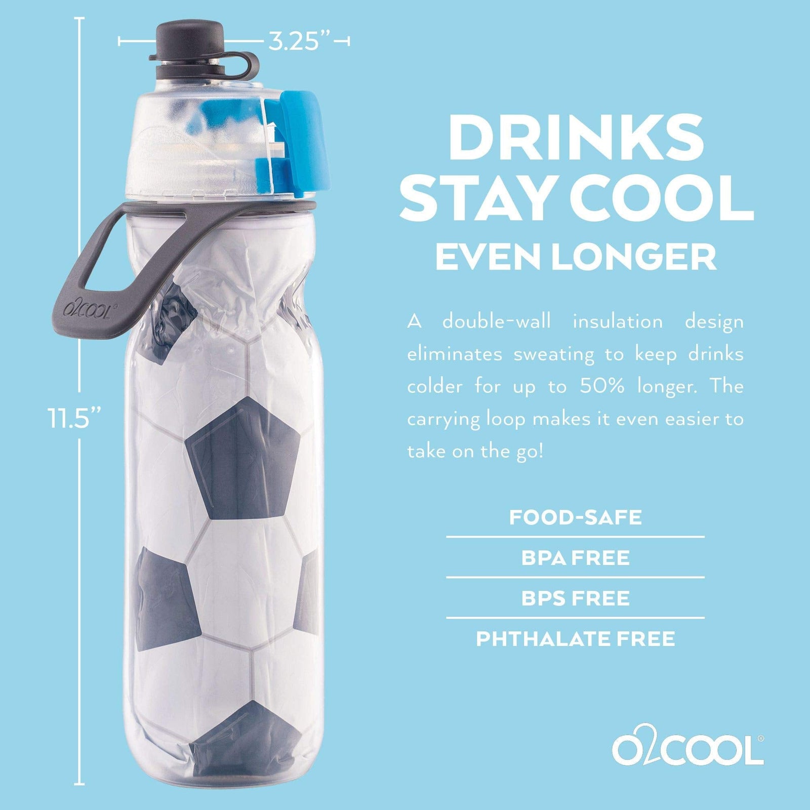 O2COOL Misting Insulated Water Bottle, Mist 'N Sip Sports Series by , 20 oz 20 Ounce HMCDP31SB1