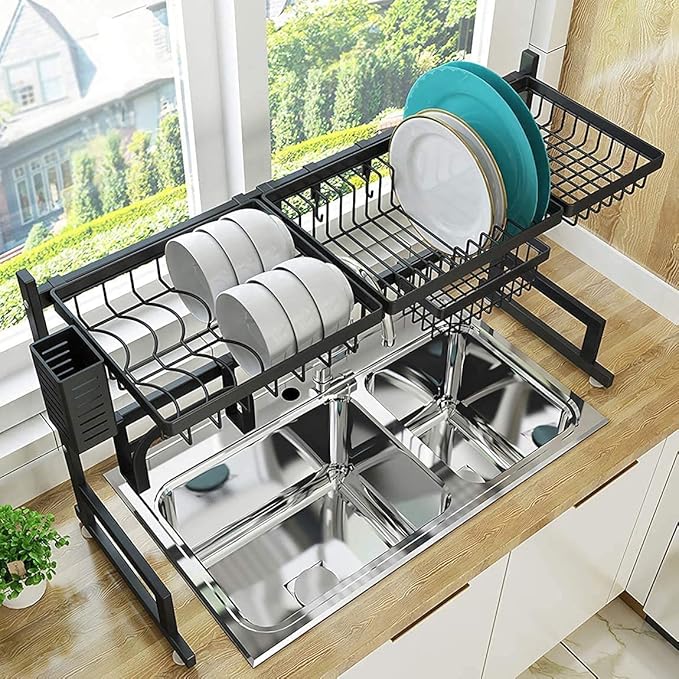 Sulfar Dish Drying Rack Over Sink, Drainer Shelf for Kitchen Supplies Storage Counter Organizer Utensils Holder Stainless Steel Display- Space Save Must Have (Black, Sink ? 33.5inch)