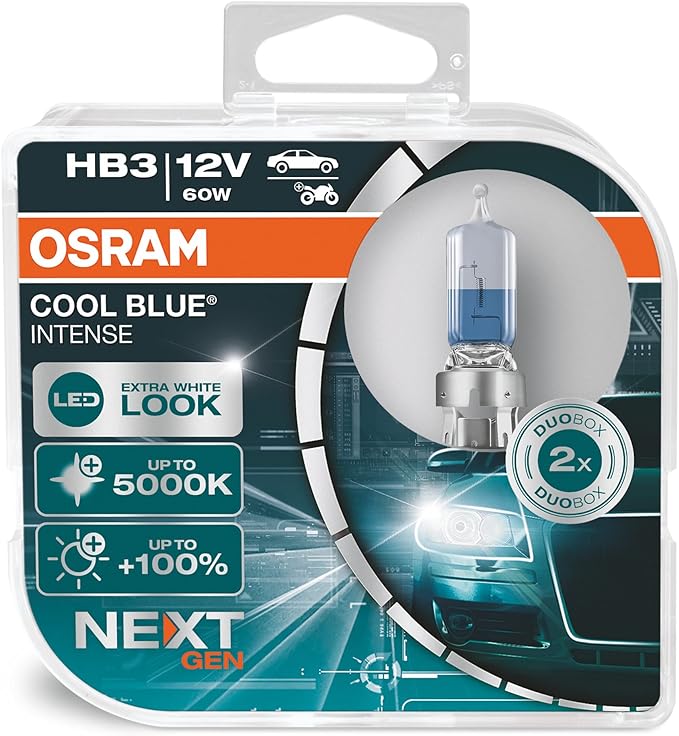 OSRAM COOL BLUE® INTENSE HB3, 100% more brightness, up to 5,000K, halogen headlight lamp, LED look, Duo box (2 lamps)