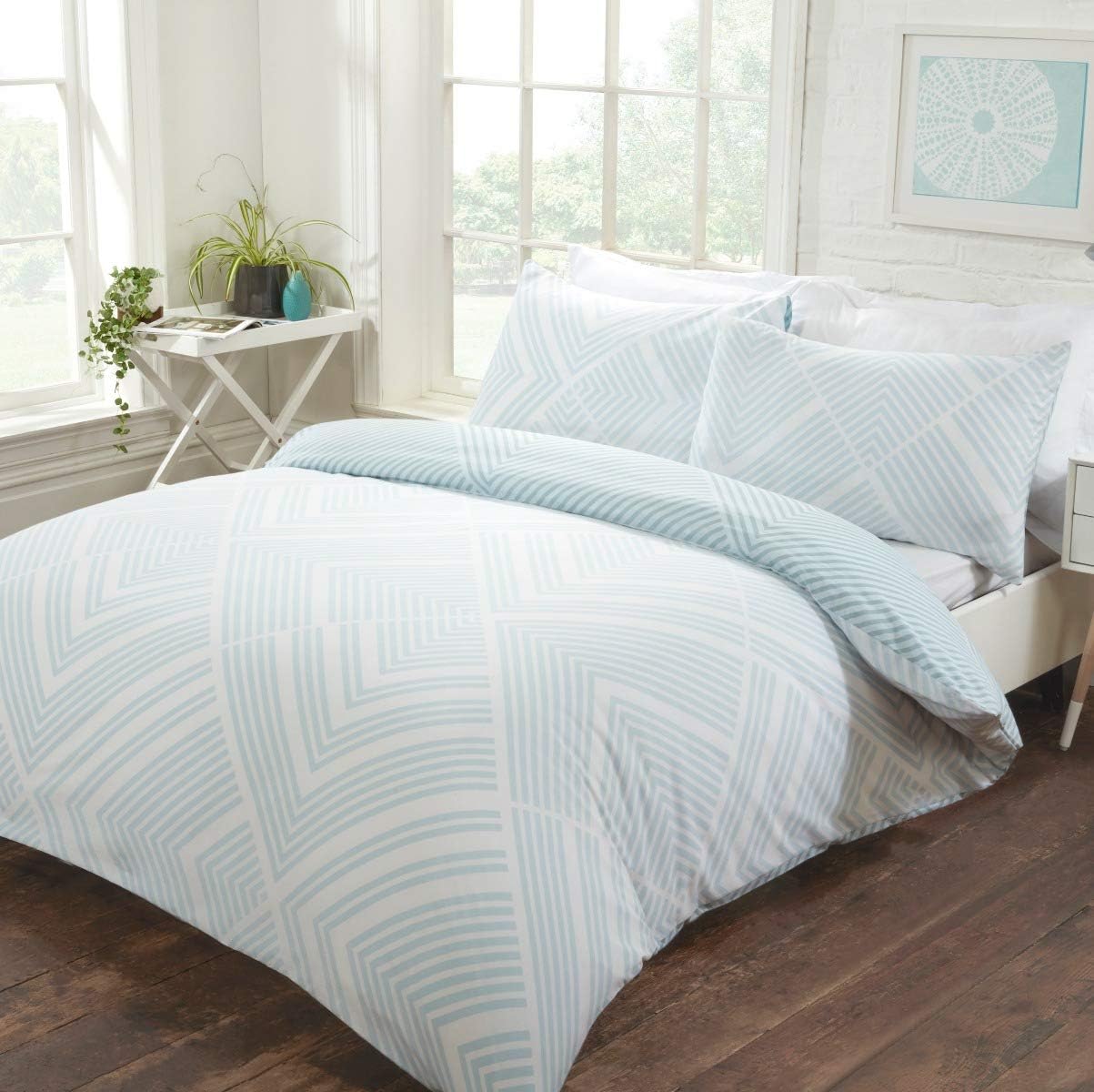 Sleepdown Striped Geometric Duck Egg Reversible Easy Care Duvet Cover Quilt Bedding Set with Pillowcases-Double (200cm x 200cm), Cotton Mix, Duckegg