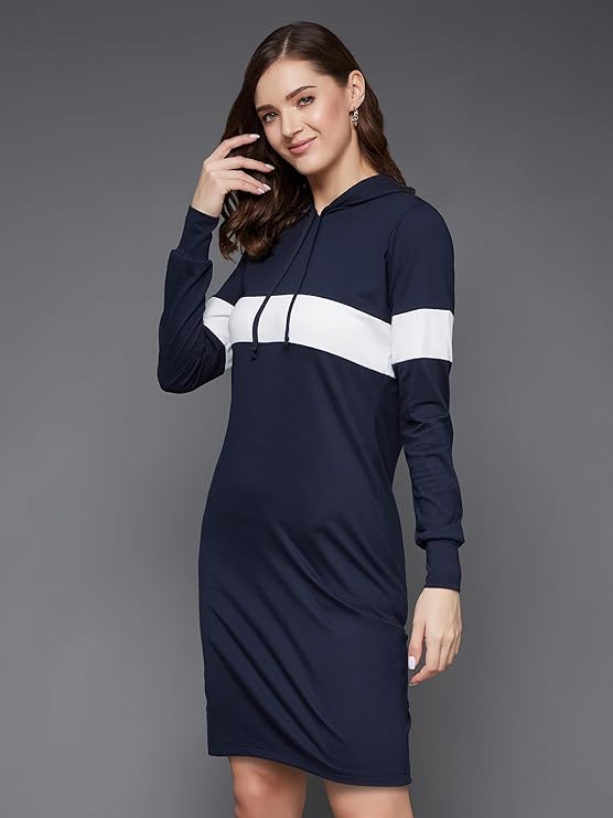 Miss Olive Women's Cotton Hooded Knee-Length Dress (MOAW17D09-89-154_Navy Blue and White_M), Navy Blue and White, M