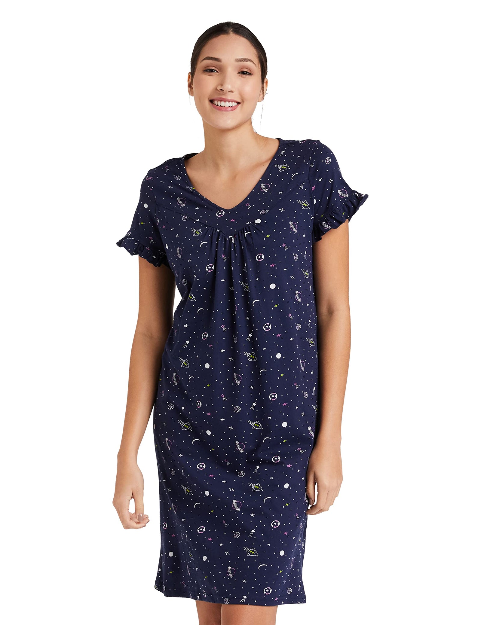 Amazon Brand - Eden & Ivy Women's Cotton All Over Print Knee Length Nightdress Nightgown (EI-AW20DR01-SC-10)