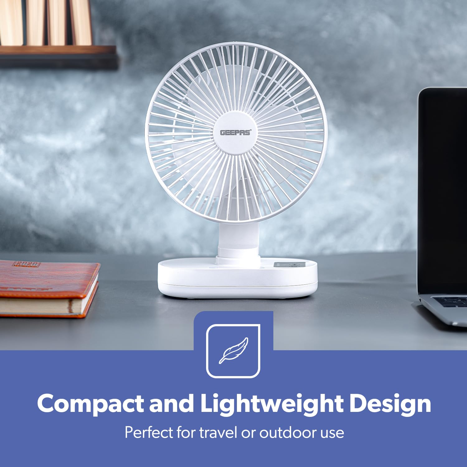 Geepas 8-inch Rechargeable Fan with Night Light | GF21157 | 3 Speed Settings | Rechargeable Lithium Battery with 9hrs Working | 3 Blade Fan with Adjustable Head