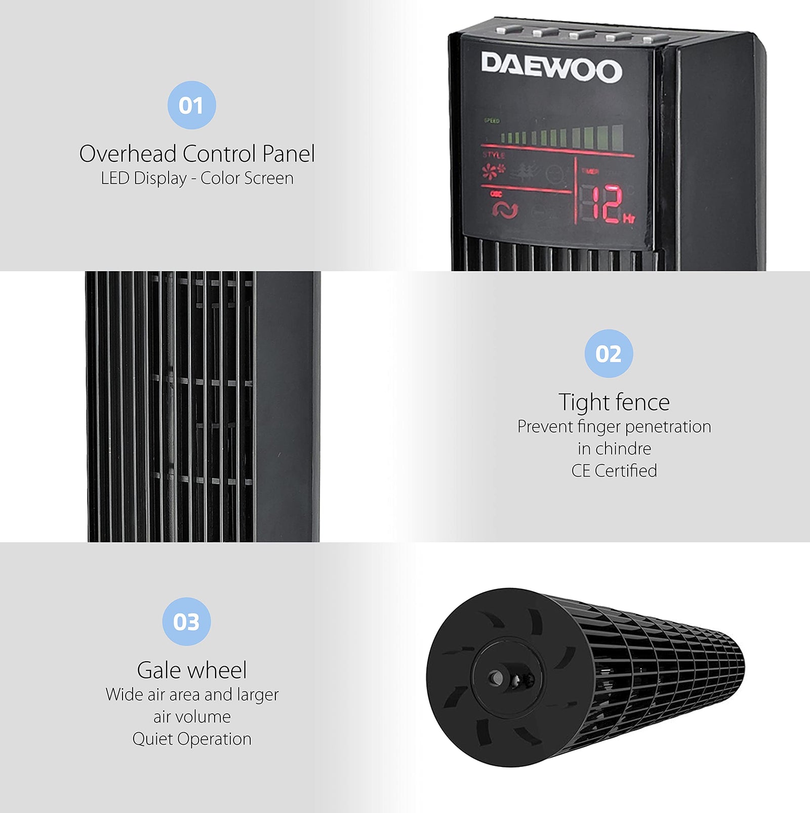 Daewoo 36 Inch Digital Tower Fan With Remote, Timer, Oscillation, 3 Fan Speeds & 3 Wind Modes 45W Korean Technology Dtf36Dr Black - 2 Years Warranty