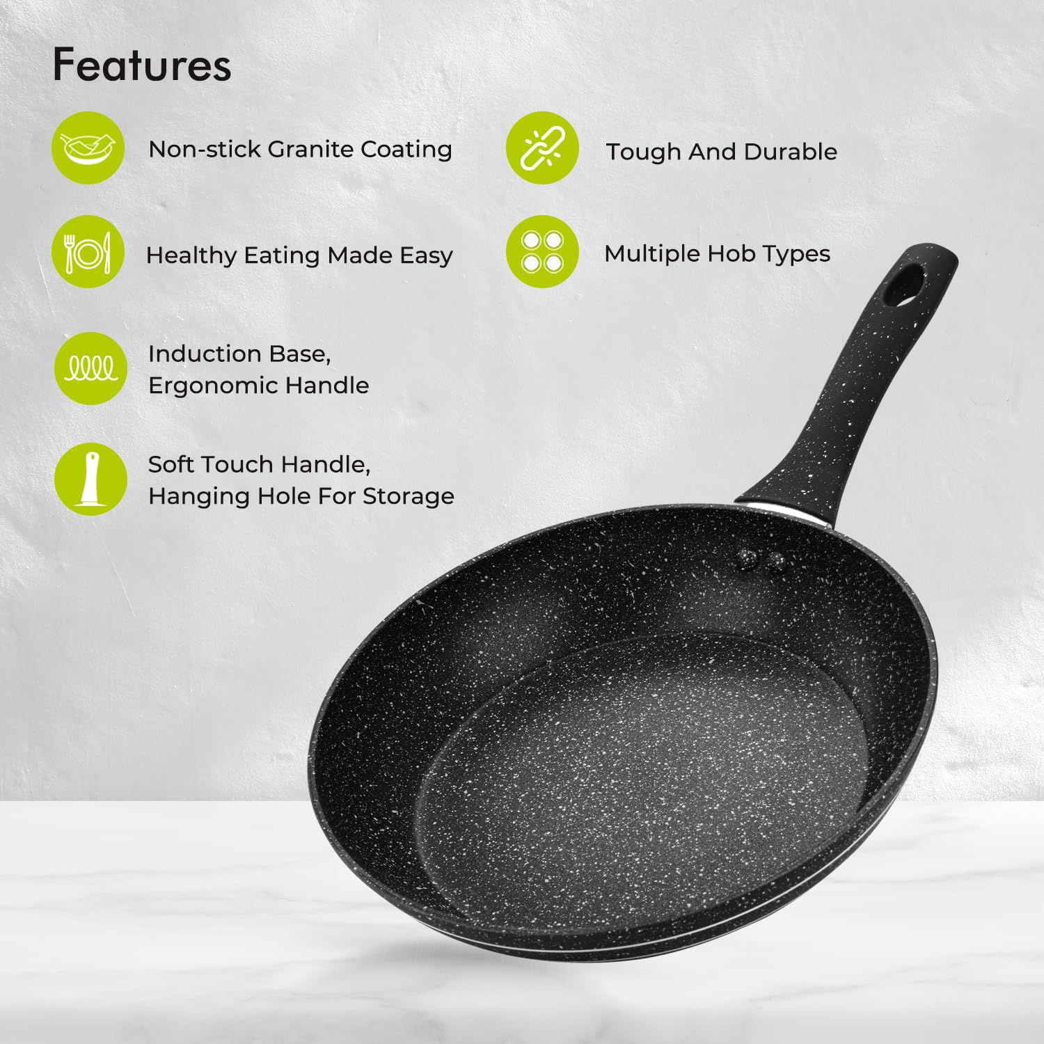 Royalford Smart Fry Pan RF11872 with Durable Granite Coating, Forged Aluminium Non-Stick Frying Pan Induction Hob Egg Omelet Pan | Saute Pan with 5-Layer Construction & Cool Touch Handle, 28cm, Black
