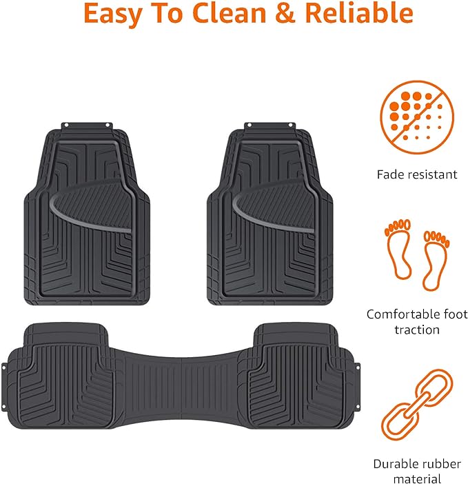 Amazon Basics 3-Piece Premium Rubber Floor Mat for Cars, SUVs and Trucks, All Weather Protection, Universal Trim to Fit，Black