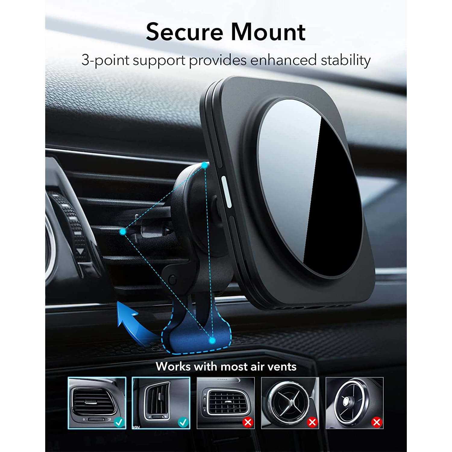 Sulfar MagSafe Car Charger, Fast Charging for HaloLock, Magnetic Wireless Car Charger, Air Vent Mount Compatible with Caseless iPhone 14/13/12 Series Phones and Magnetic Cases, Black