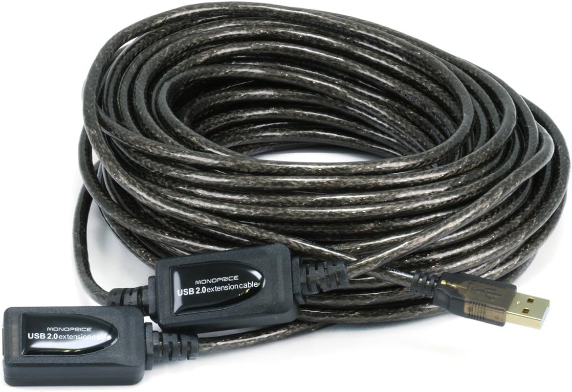 Monoprice 65Ft 20M Usb 2.0 A Male To A Female Active Extension/Repeater Cable For Playstation, Xbox, Kinenct, Oculus Vr, Usb Flash Drive, Card Reader, Hard Drive, Keyboard, Printer, Camera And More!