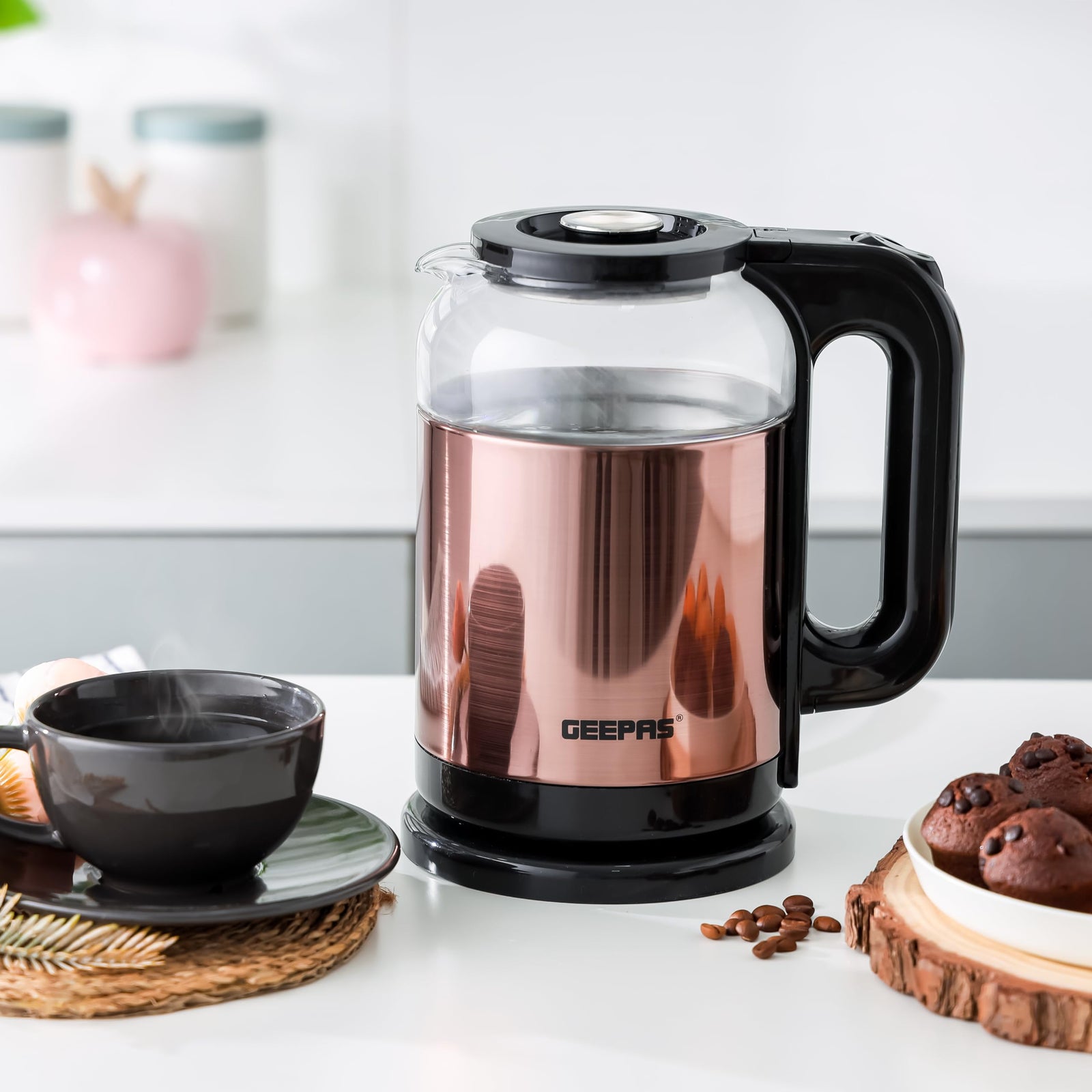 Geepas Electric Glass Kettle 1.7L, 360° Rotation Base, Cord Storage, Glass Body Clear Water Label Gauge, Perfect Pour Wide Opening, Safe & Convenient, automatic Shut-Off Function|1.7L 1500 W GK38063