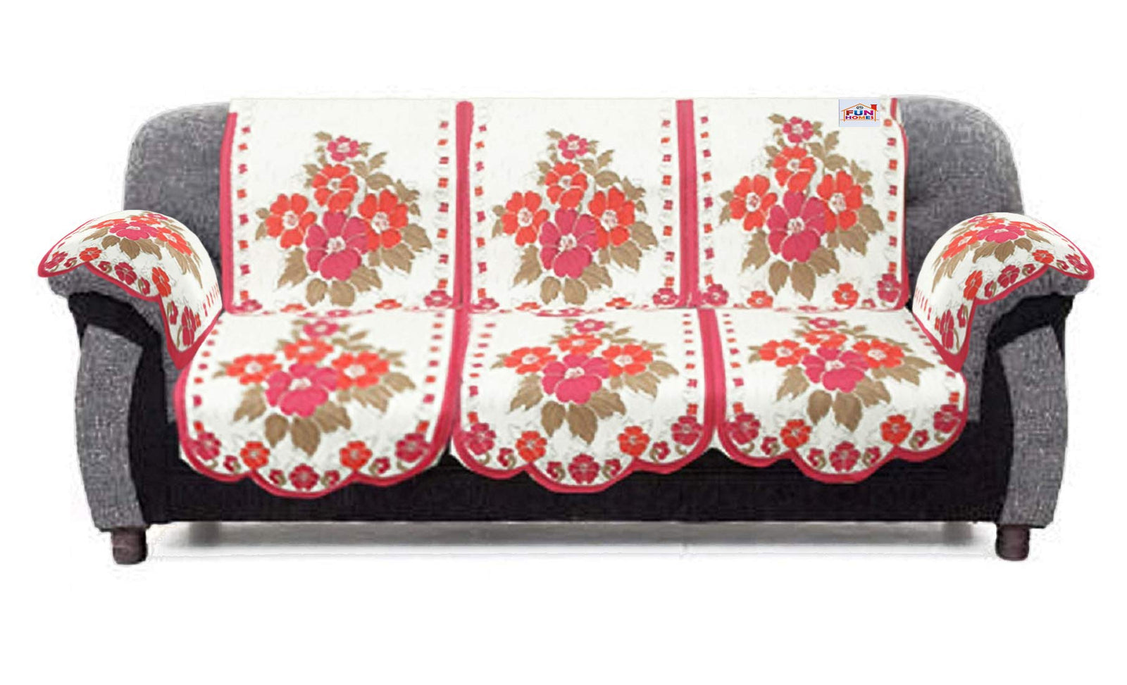 Fun Homes Flower Design Cotton 5 Seater Sofa Cover Set with 6 Pieces Arms Cover (Set Of 16,White & Pink)-FUNNHOM11974