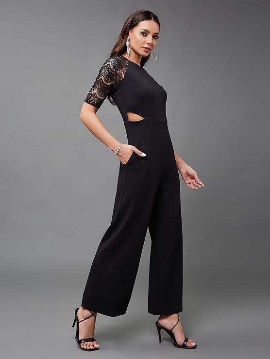 Miss Olive Women's Black Raglan Half Sleeve Solid Waist Cut-Out Regular Length Jumpsuit (Moaw19D08-49-62-02,Black,XS)