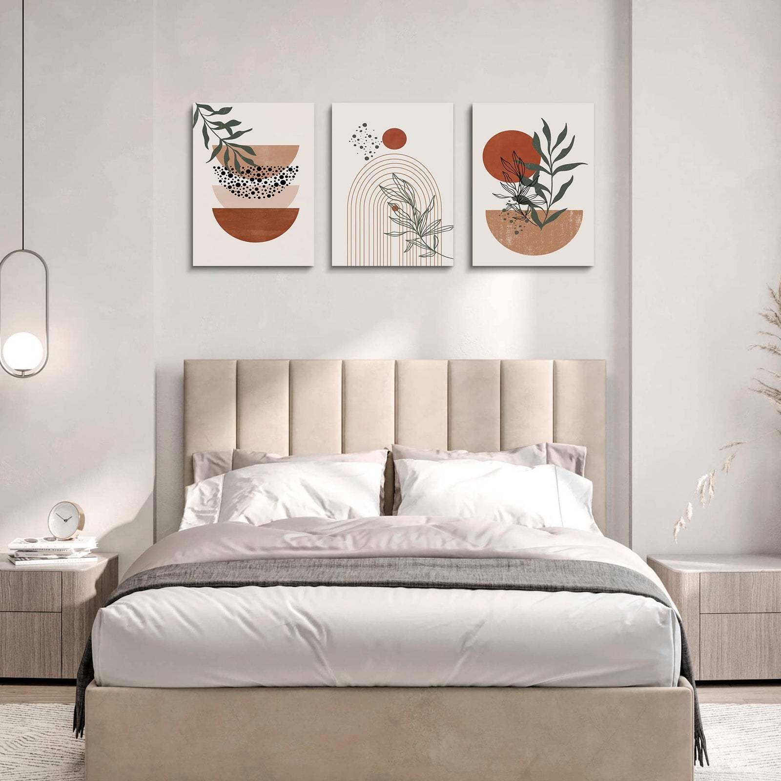 Boho Wall Art Prints, Boho Wall Decor, Mid Century Modern Wall Art, Set of 3 Prints, Abstract Geometric Prints Black Beige Terracotta Minimalist Art, Natural Framed Canvas Prints Artwork For Living