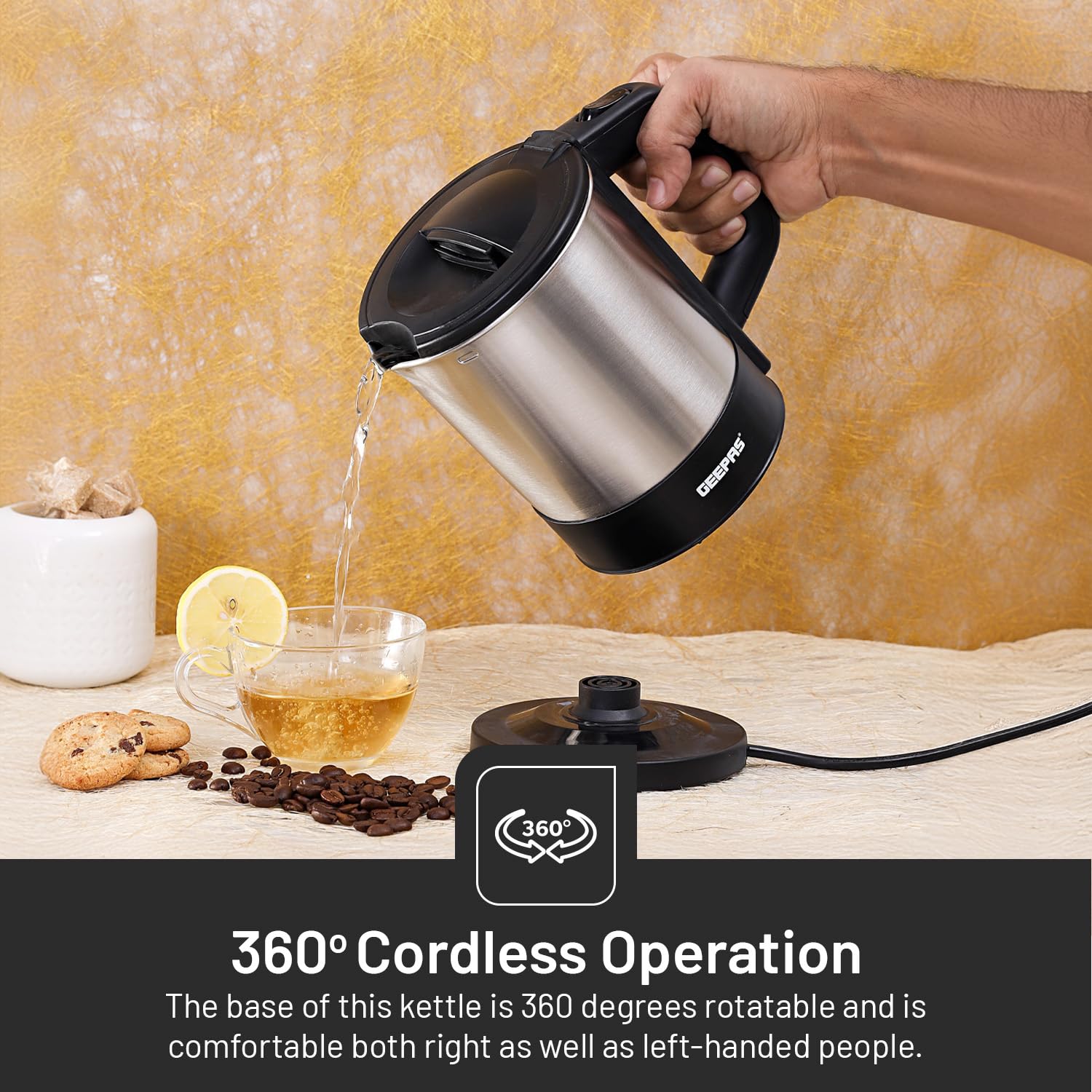 Geepas GK5418 1350W Travel Electric Kettle - Stainless Steel Housing, Boil-Dry & Overheat Protection |Boiler for Hot Water, Tea & Coffee | 1.0L