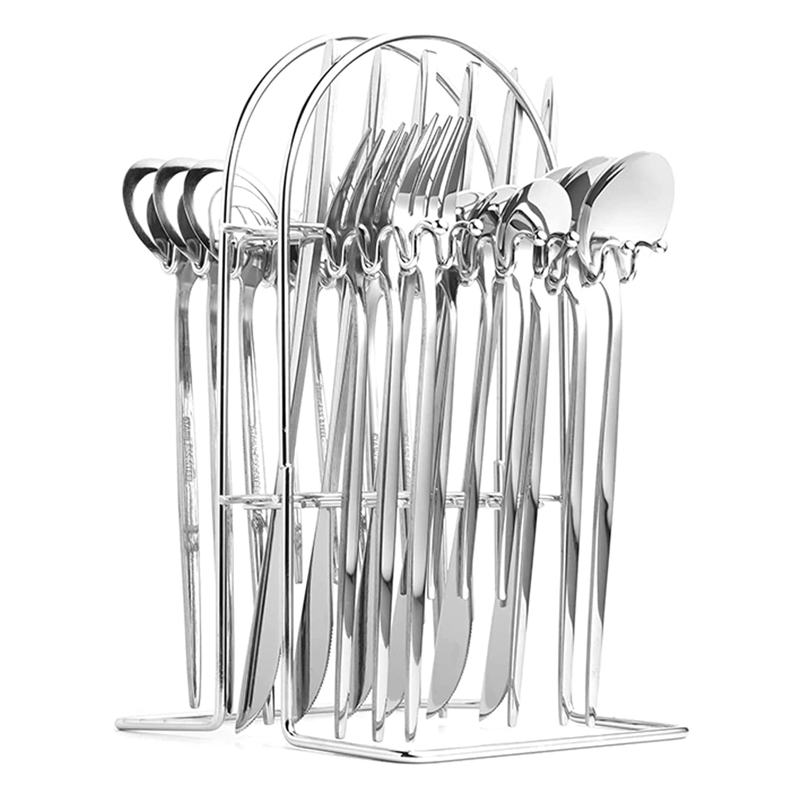 Sulfar Cutlery Set, 24-Piece Stainless Steel Flatware Set with Stand, Tableware Silverware Set with Spoon/Knife/Fork Set, Service for 6, Dishwasher Safe and Easy Clean (silver)