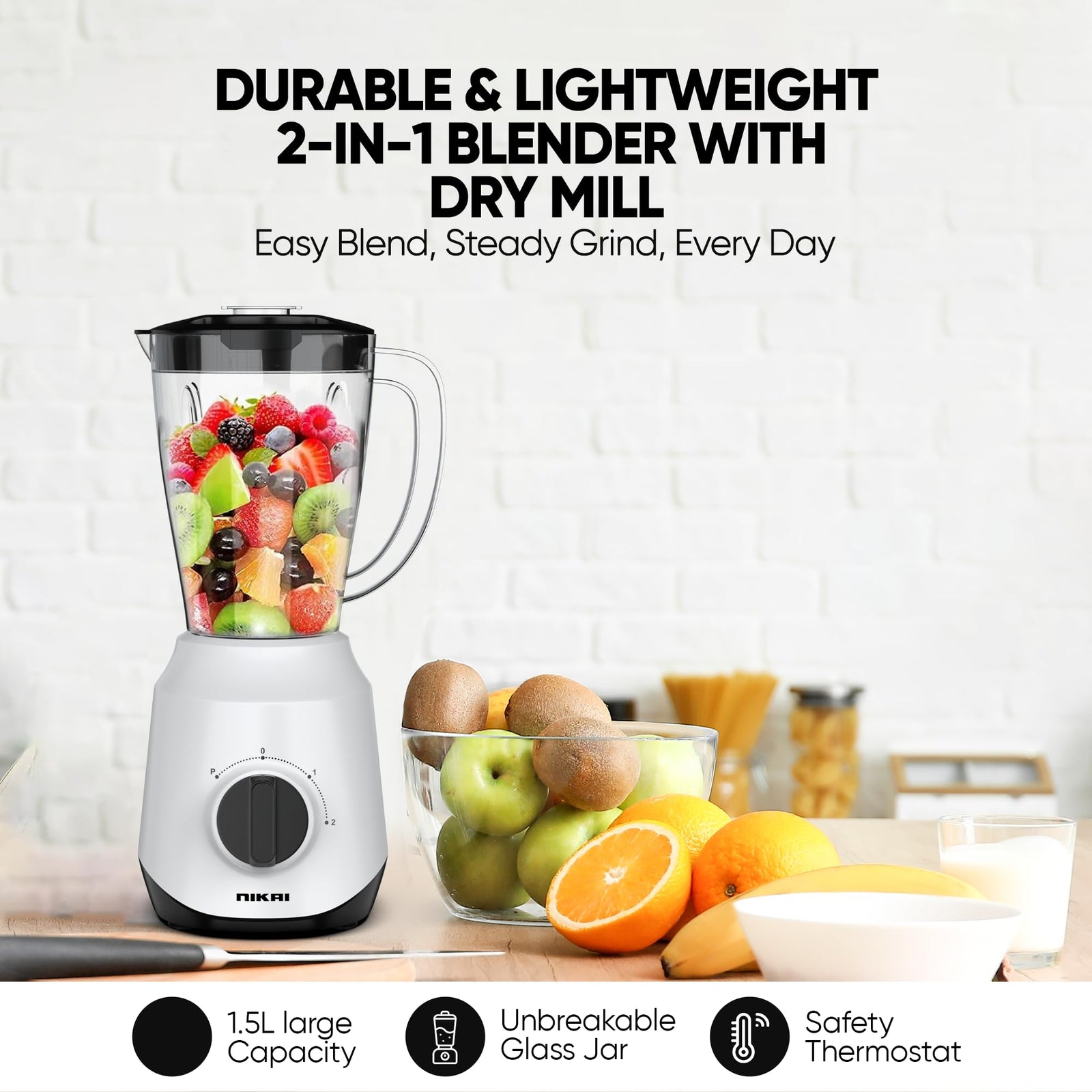 Nikai 450W 2-in-1 Blender 1.5 L Unbreakable PC Jar, 3 Speeds, Stainless Blades, Easy To Clean Detachable Parts, Perfect for Blending and Grinding - NB2511AX