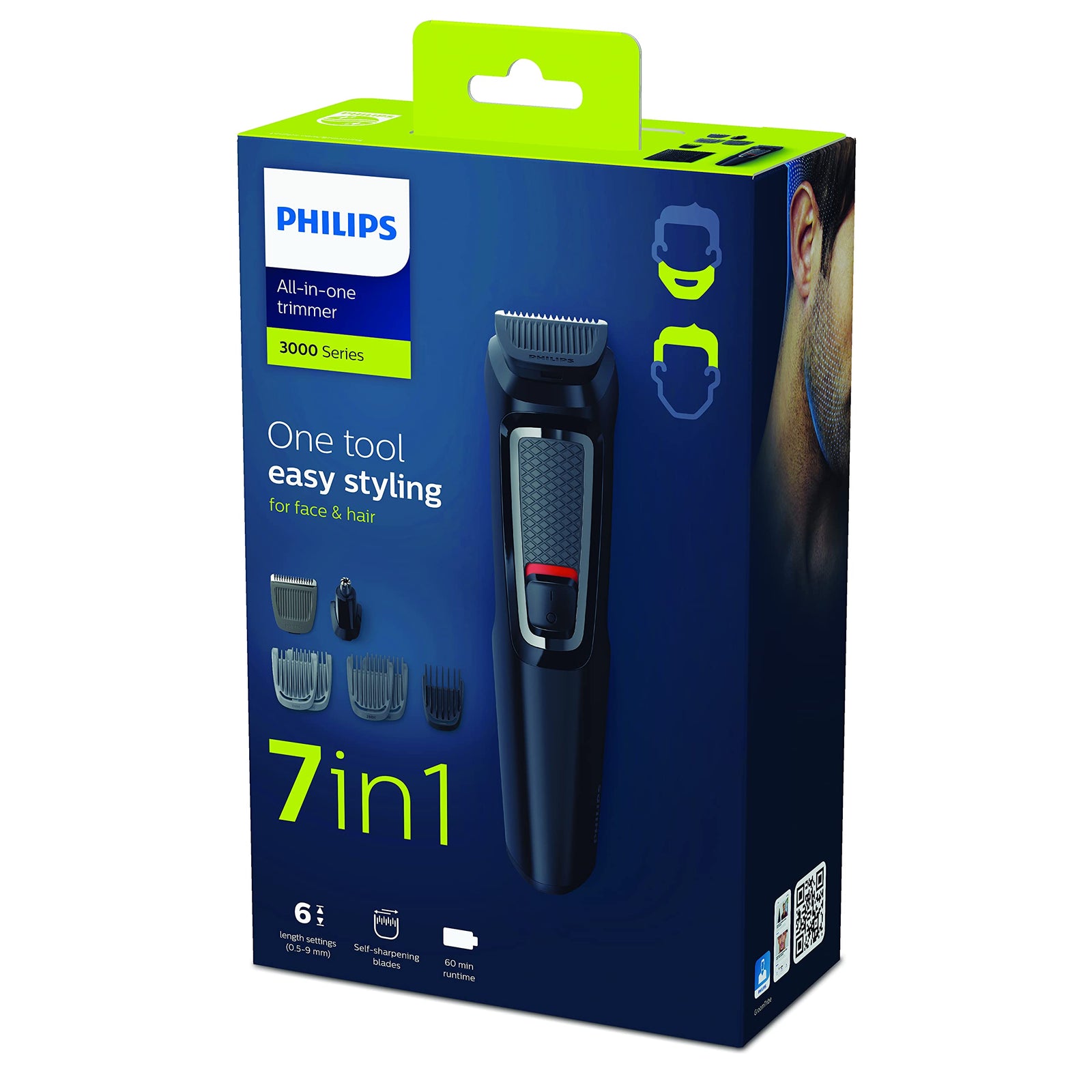 Philips 7-in-1 All-In-One Trimmer, Series 3000 Grooming Kit for Beard & Hair with 7 Attachments, Including Nose Trimmer, Self-Sharpening Blades, UK 3-Pin Plug-MG3720/33,Black