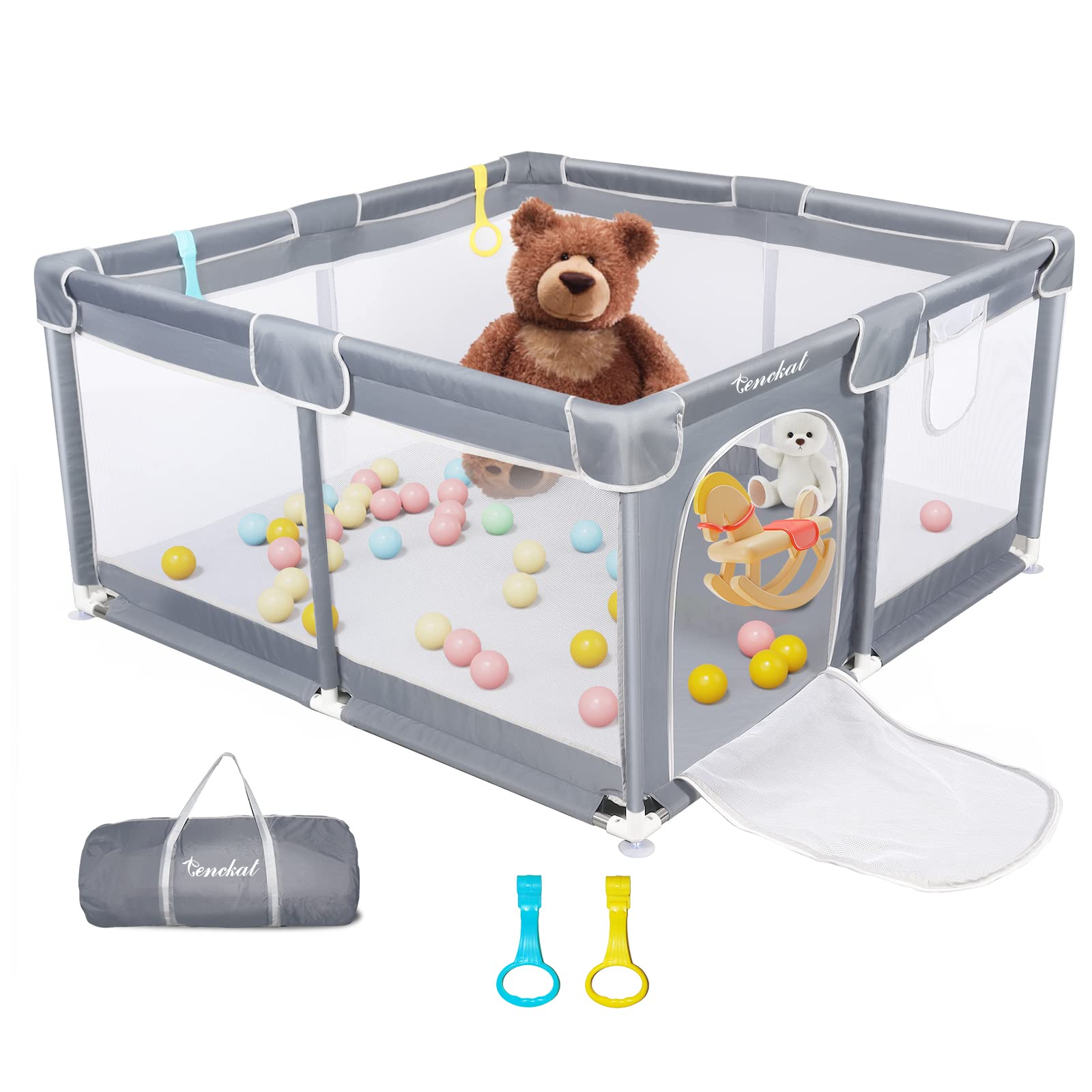 Tenckat Baby Playpen for and Toddlers,125x125cm Portable Babypen with Anti-slip Base, Sturdy Safety Playards Soft Breathable Mesh, 2 Pulling Rings Bag, grey, 1 Count, 3.38 kg