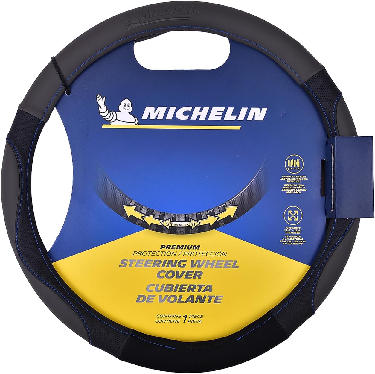 Michelin Ifit Performance Faux Leather Steering Wheel Cover- Blue Stich Medium 33269