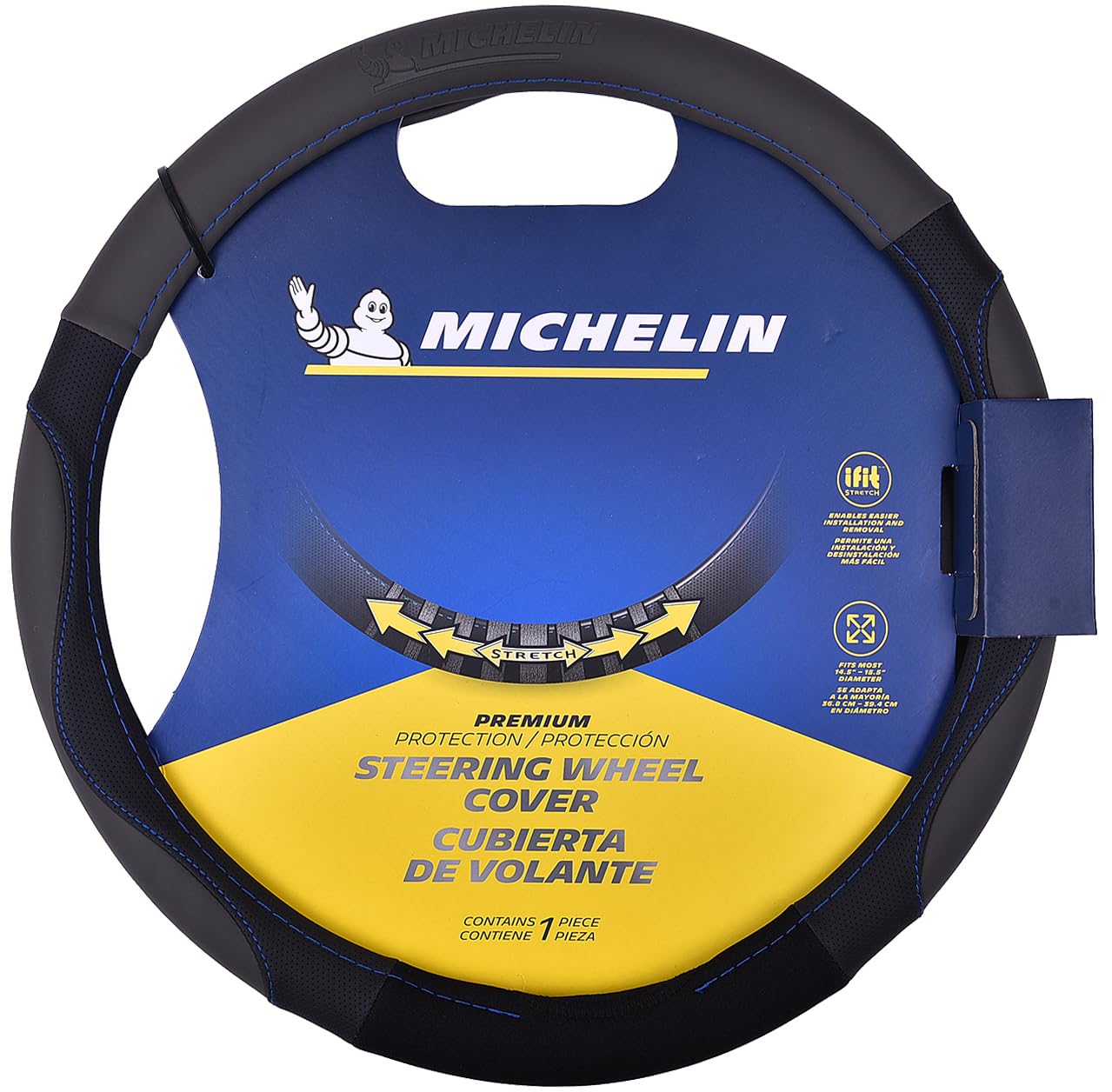 Michelin Ifit Performance Faux Leather Steering Wheel Cover- Blue Stich Medium 33269