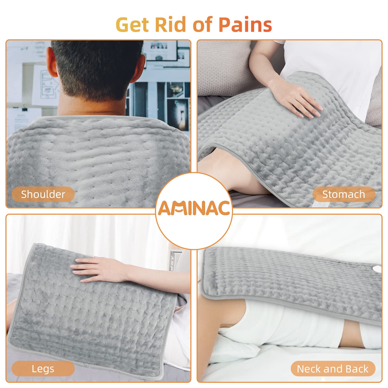 AMINAC Electric Heating Pad for Pain Relief of Back Neck & Shoulder,40x76cm,6 Electric Temperature Options,4 Timer Settings,Auto Shut Off Fast heat pad with Controller,Grey