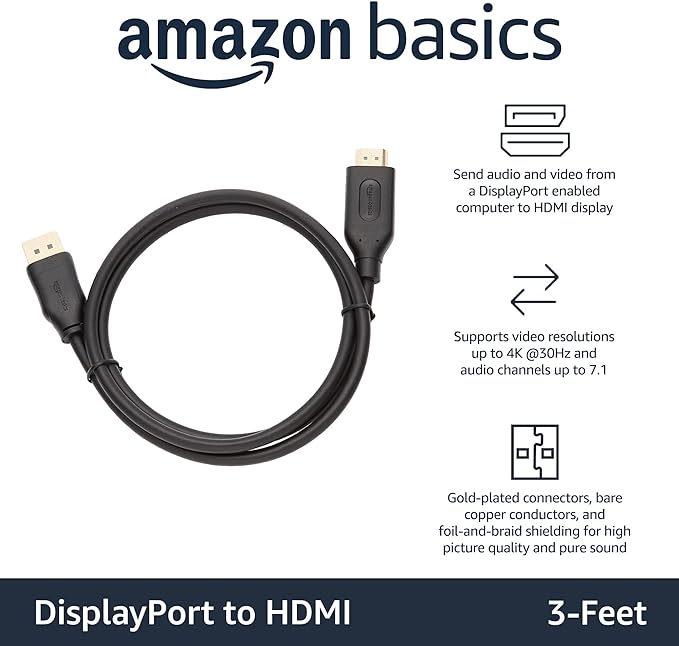 Amazon Basics Uni-Directional DisplayPort to HDMI Display Cable 4K@30Hz - 0.91 meters for Personal Computer