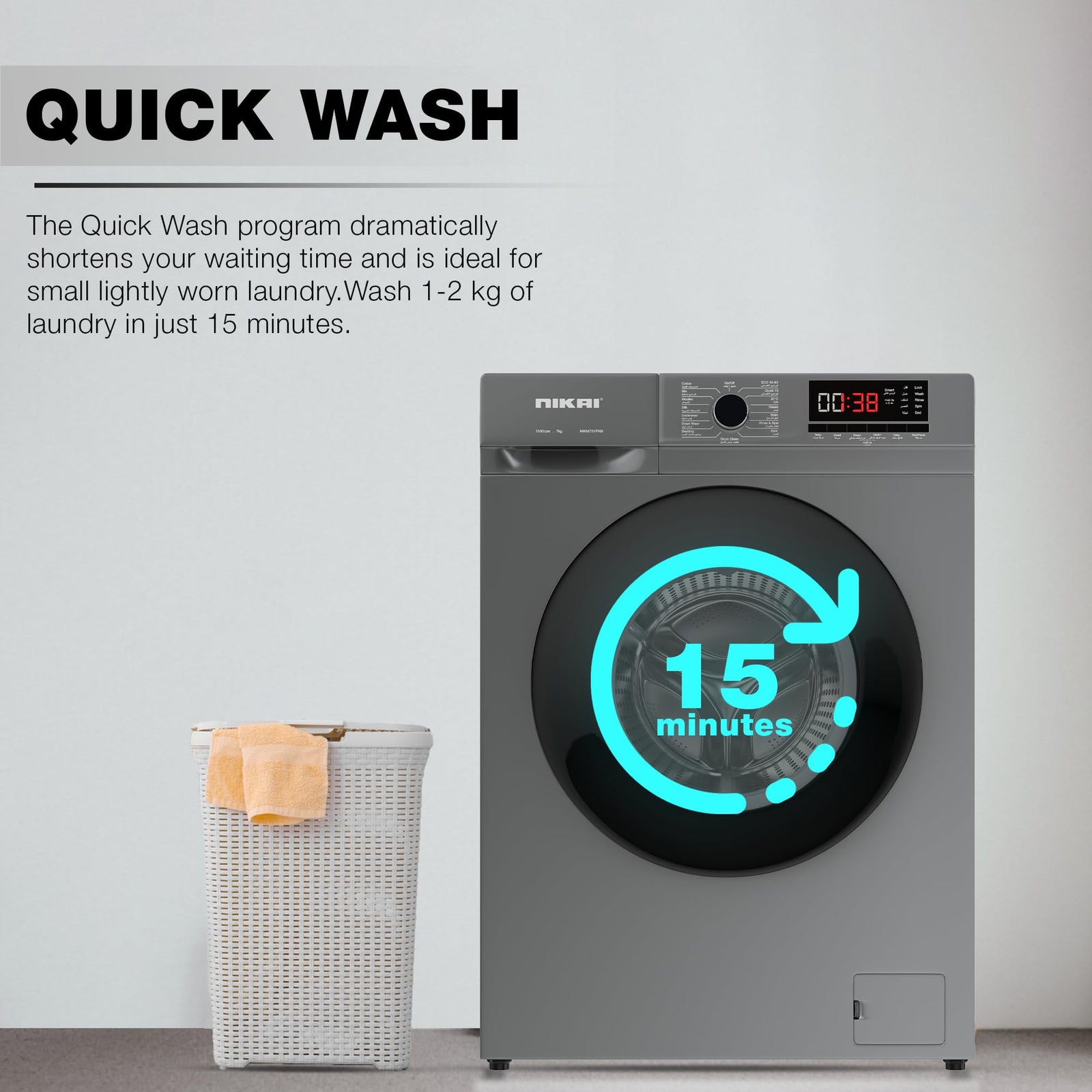 Nikai 7KG 16 Programs Front Load Washer, Steam Wash, 1000 RPM, 4 Star Energy Saving, Fully Automatic Washing Machine, Digital LCD Display, Child Lock, Best for Home & Small Family - NWM701FN9S Silver