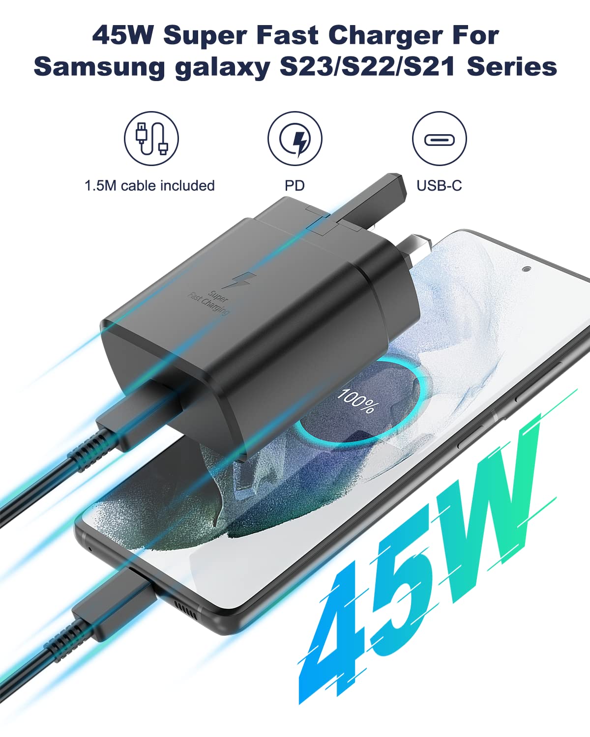 For Samsung Charger, 45W USB C Super Fast Charging with 1.5m Cable Compatible with Samsung Galaxy S24 S23 S22 S21 S20 Ultra, S24+ S23+ S22+ S21+, A53, A15, A55, A54, Type C Power Adapter by IBERLS