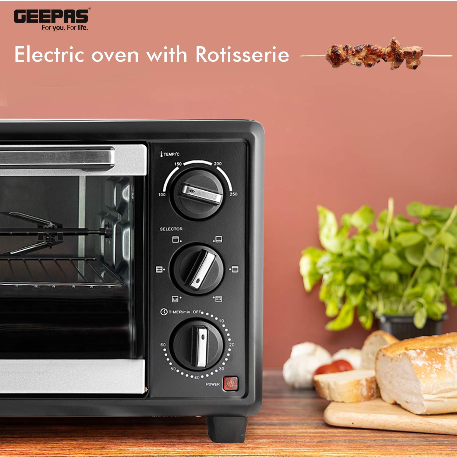 Geepas GO4464 25L Electric Oven With Rotisserie- 1600W power, 6 Stages Heating Selector