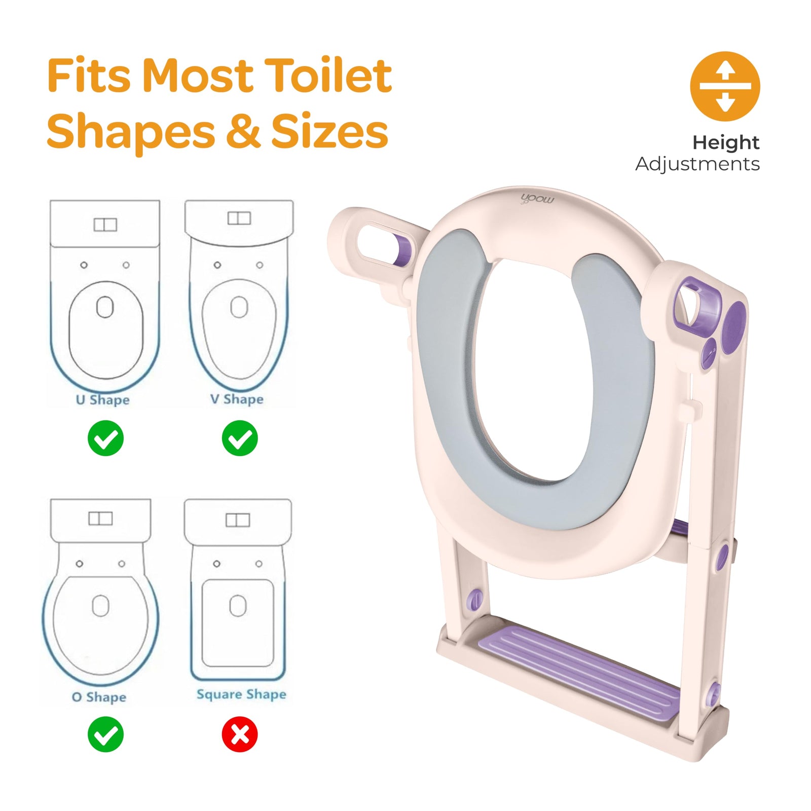 MOON Kids Step Stool Potty Trainer Seat-Safe, Durable - Foldable Potty Training Seat|PU Seat Cushion | Armrests| AntiSlip Pads| SplashProof & Easy to Clean |Fit Most Toilet Seats-Pink and Purple