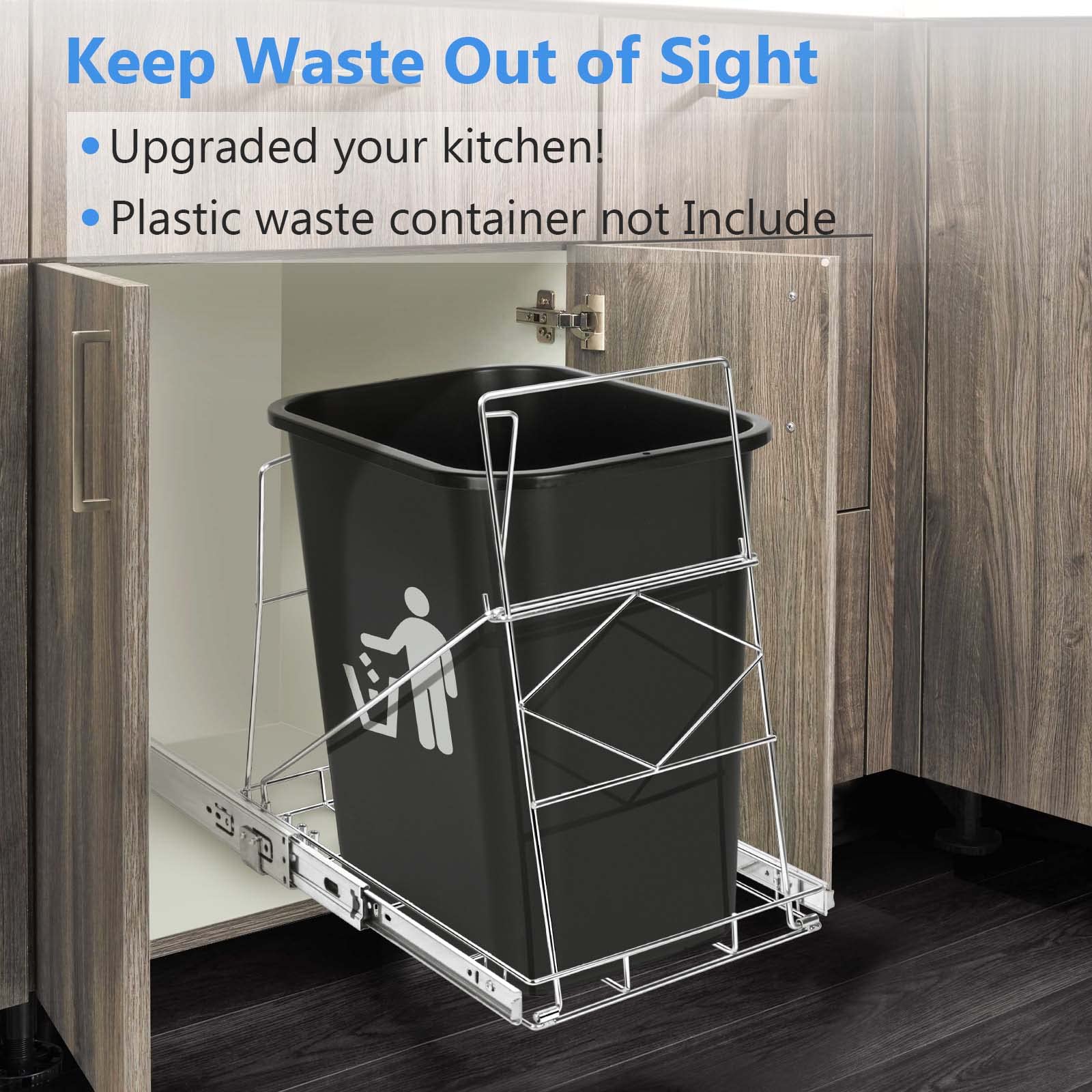 Harhana Pull Out Trash Can Under Cabinet, Kitchen Trash Can Pull Out Shelf with Full-Extension Slides, Stainless Steel